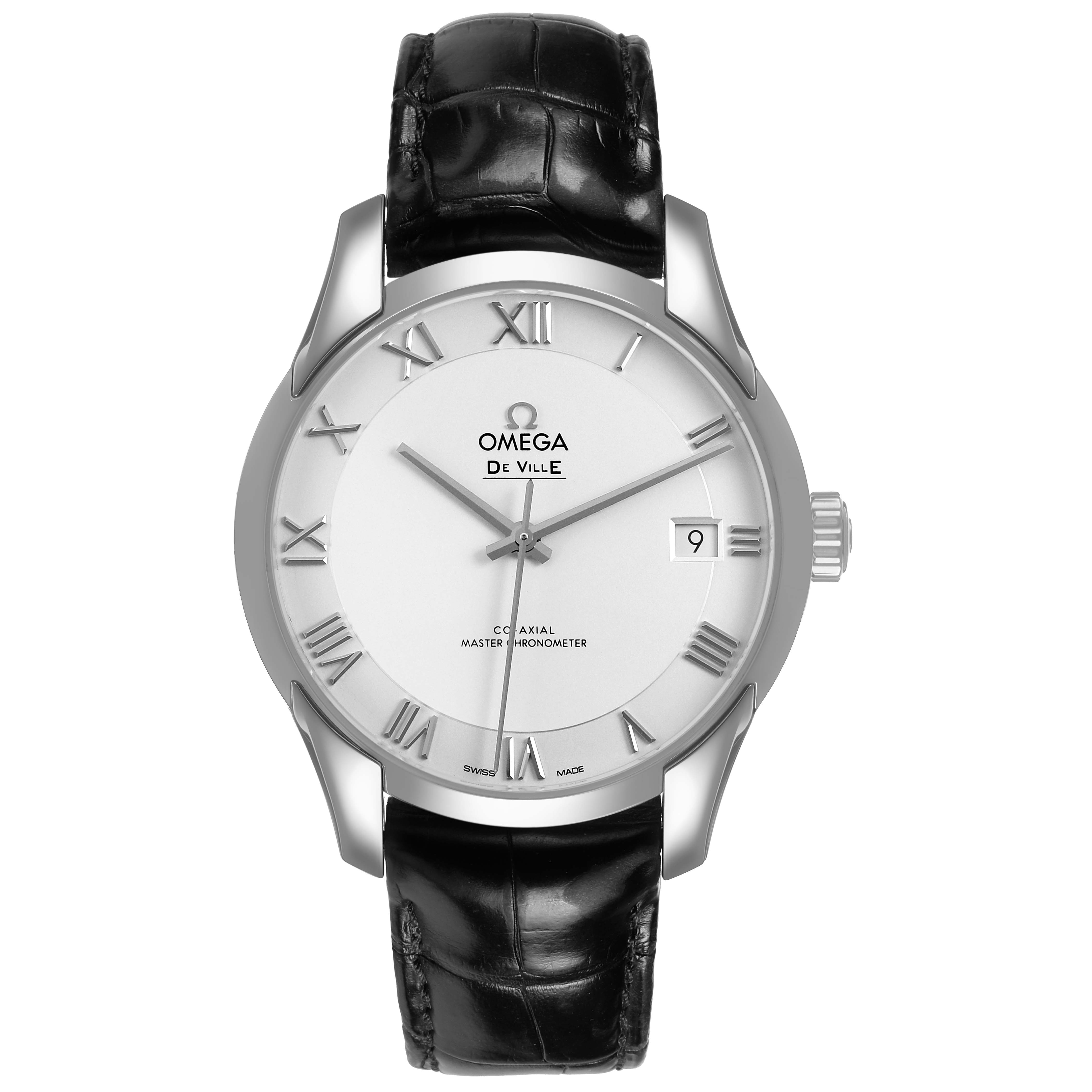 The Omega De Ville 433.13.41.21.02.001 Men's Stainless Steel Silver Dial watch is shown from a front angle, displaying its dial, Roman numerals, date window, and black leather strap.