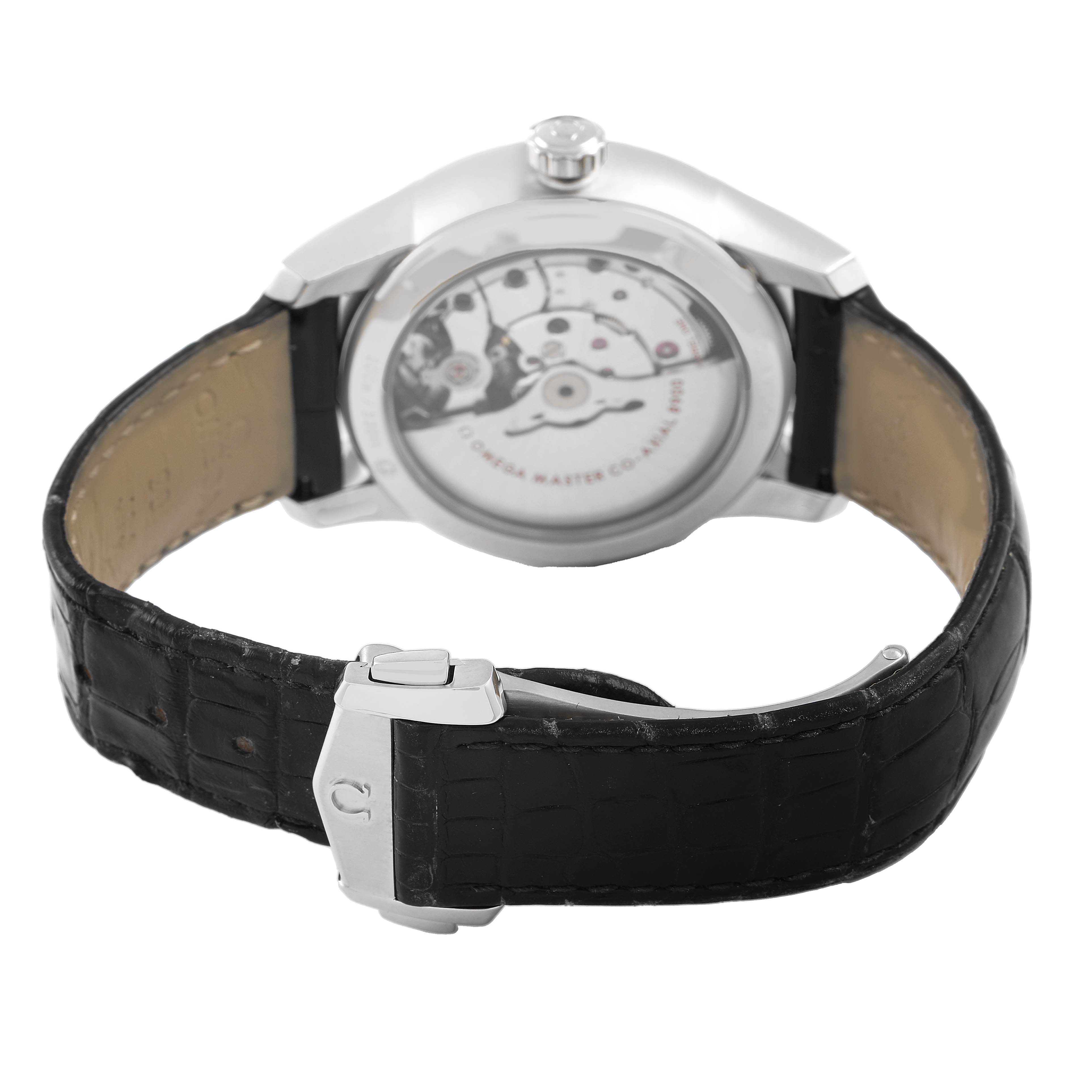 The image shows the back angle of an Omega De Ville 433.13.41.21.02.001 Men's Stainless Steel Silver Dial watch, highlighting its open case back and black leather strap with clasp.