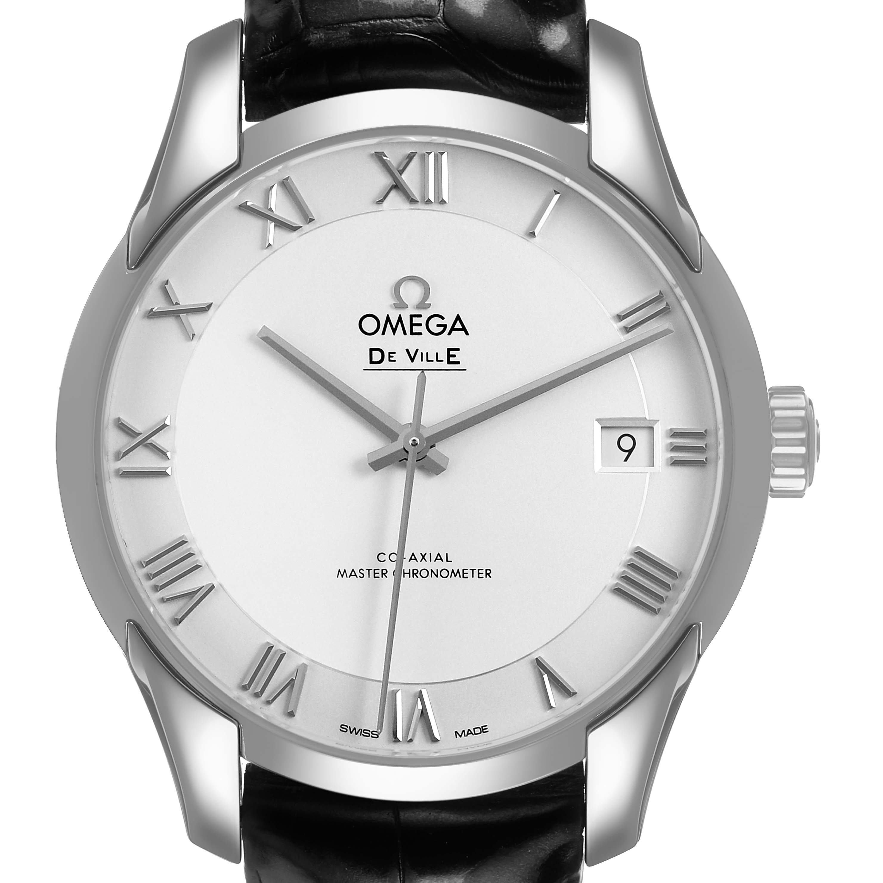 The Omega De Ville 433.13.41.21.02.001 Men's Stainless Steel Silver Dial watch is shown from the front, featuring the dial, Roman numerals, date window, and part of the strap.