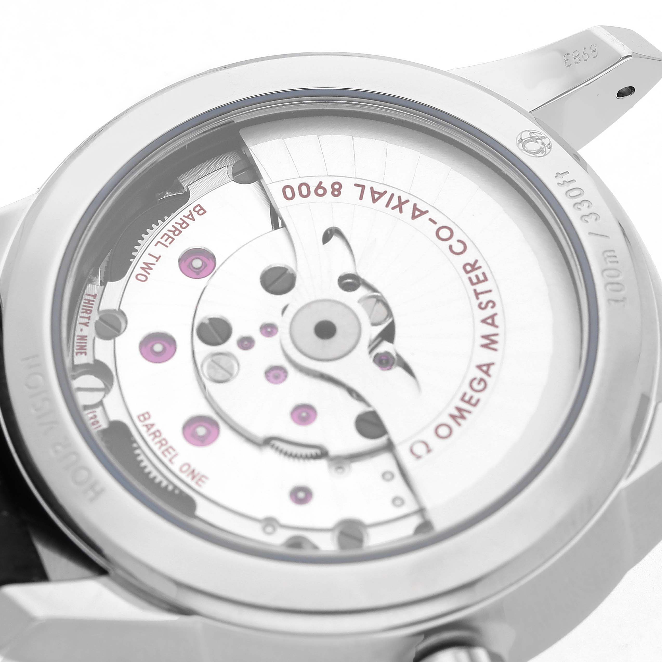 The image shows the back view of the Omega De Ville 433.13.41.21.02.001 Men's Stainless Steel Silver Dial watch, highlighting its movement and inner mechanics.