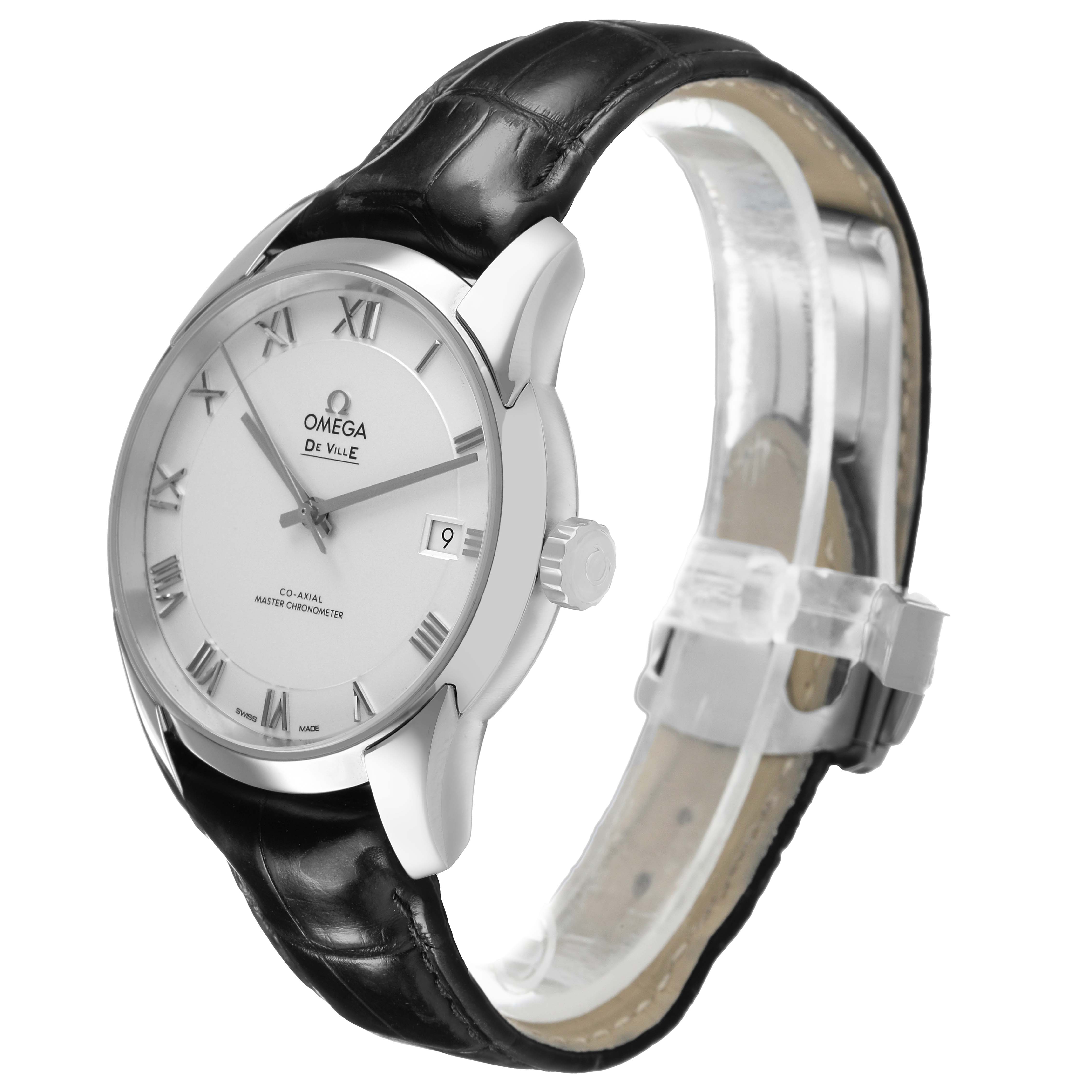 The Omega De Ville 433.13.41.21.02.001 Men's Stainless Steel Silver Dial watch is shown at a three-quarter angle, highlighting the face, crown, and black leather strap.
