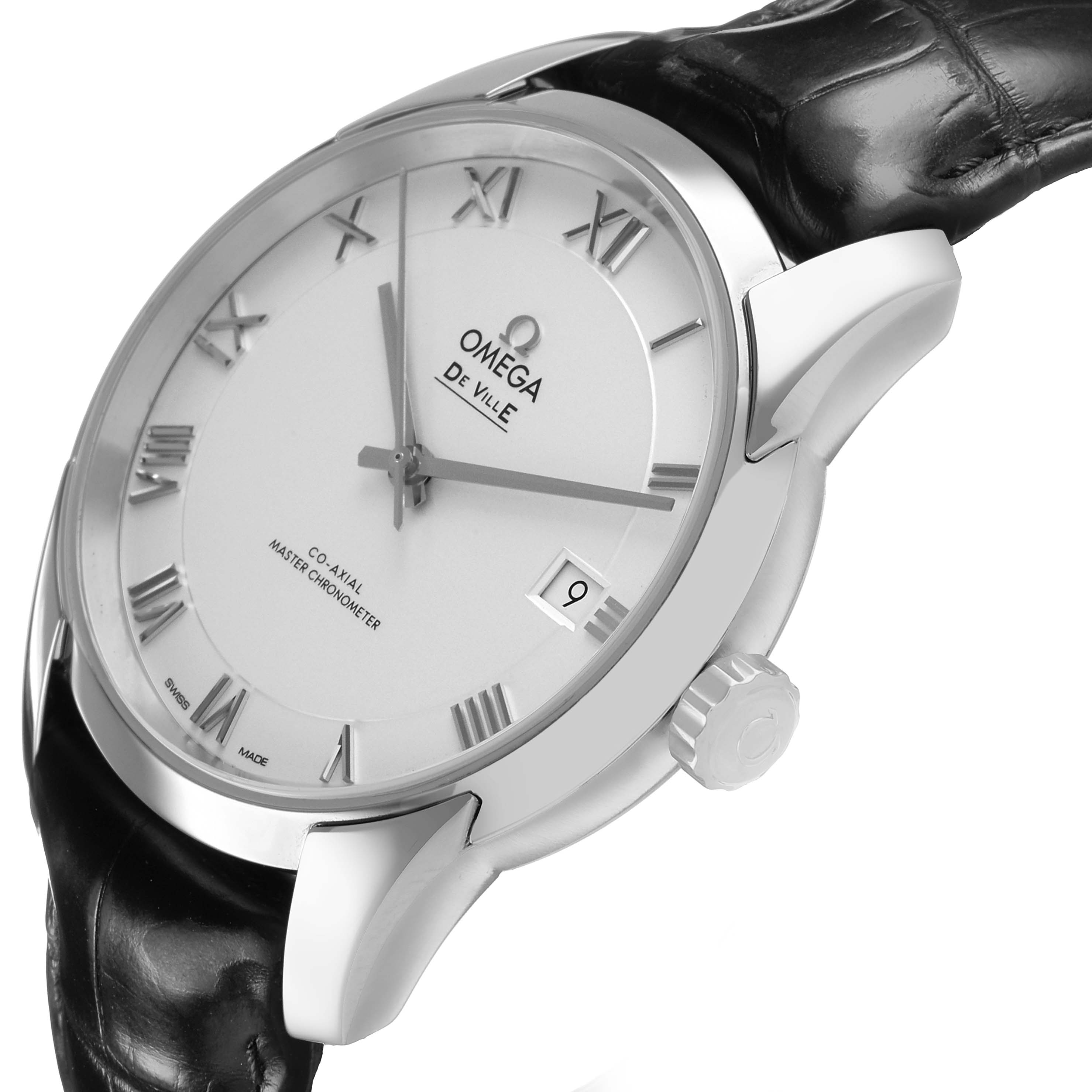 The image shows an angled view of the Omega De Ville 433.13.41.21.02.001 Men's Stainless Steel Silver Dial watch, highlighting the face, Roman numerals, crown, and leather strap.