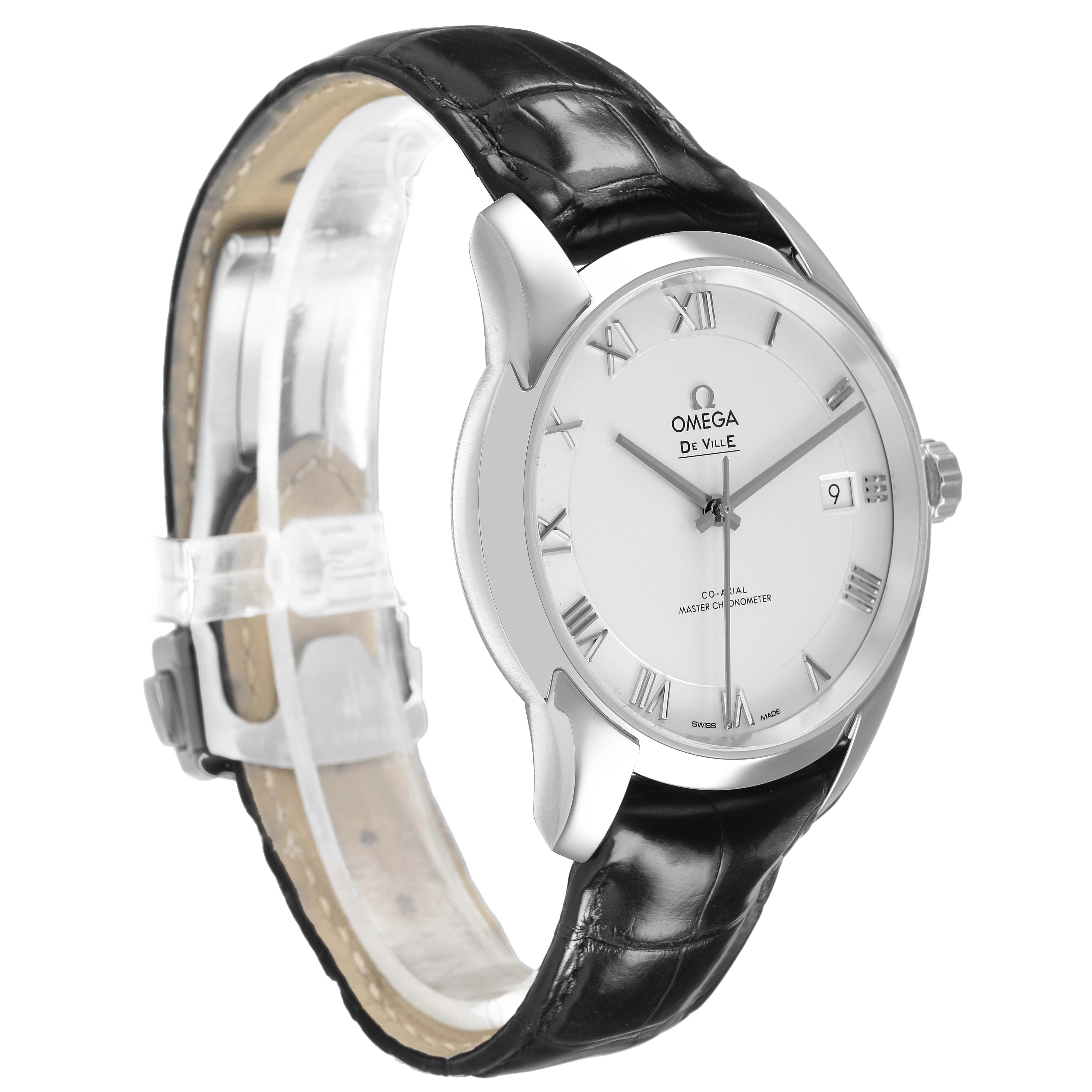 The Omega De Ville 433.13.41.21.02.001 Men's Stainless Steel Silver Dial watch is shown at a slight angle, highlighting the dial, case, crown, and leather strap.