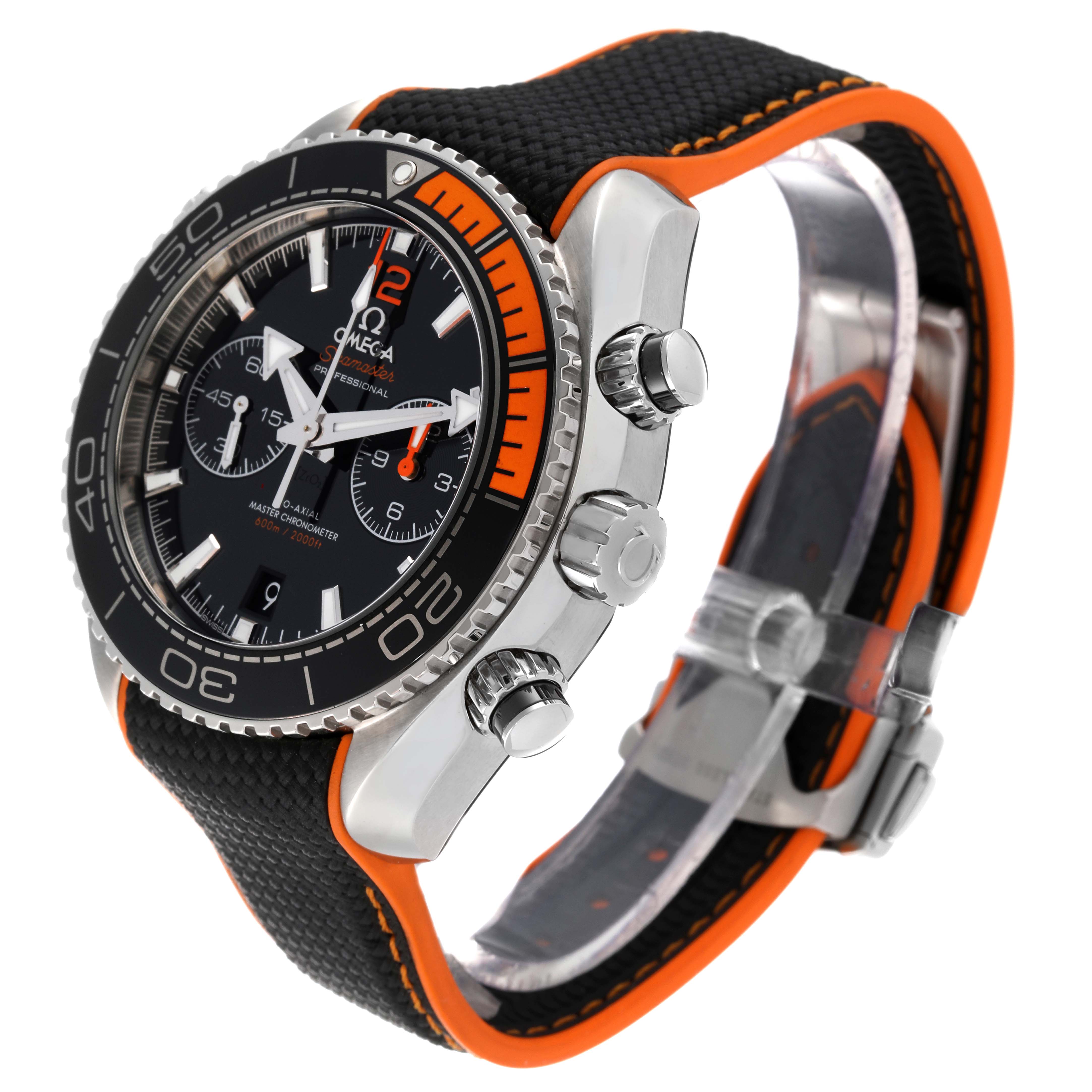 The image shows a side angle of the Omega Planet Ocean 215.32.46.51.01.001 Men's Stainless Steel Black Dial 215.32.46.51.01.001 Men's Stainless Steel Black Dial watch, highlighting the face, bezel, crown, and strap.