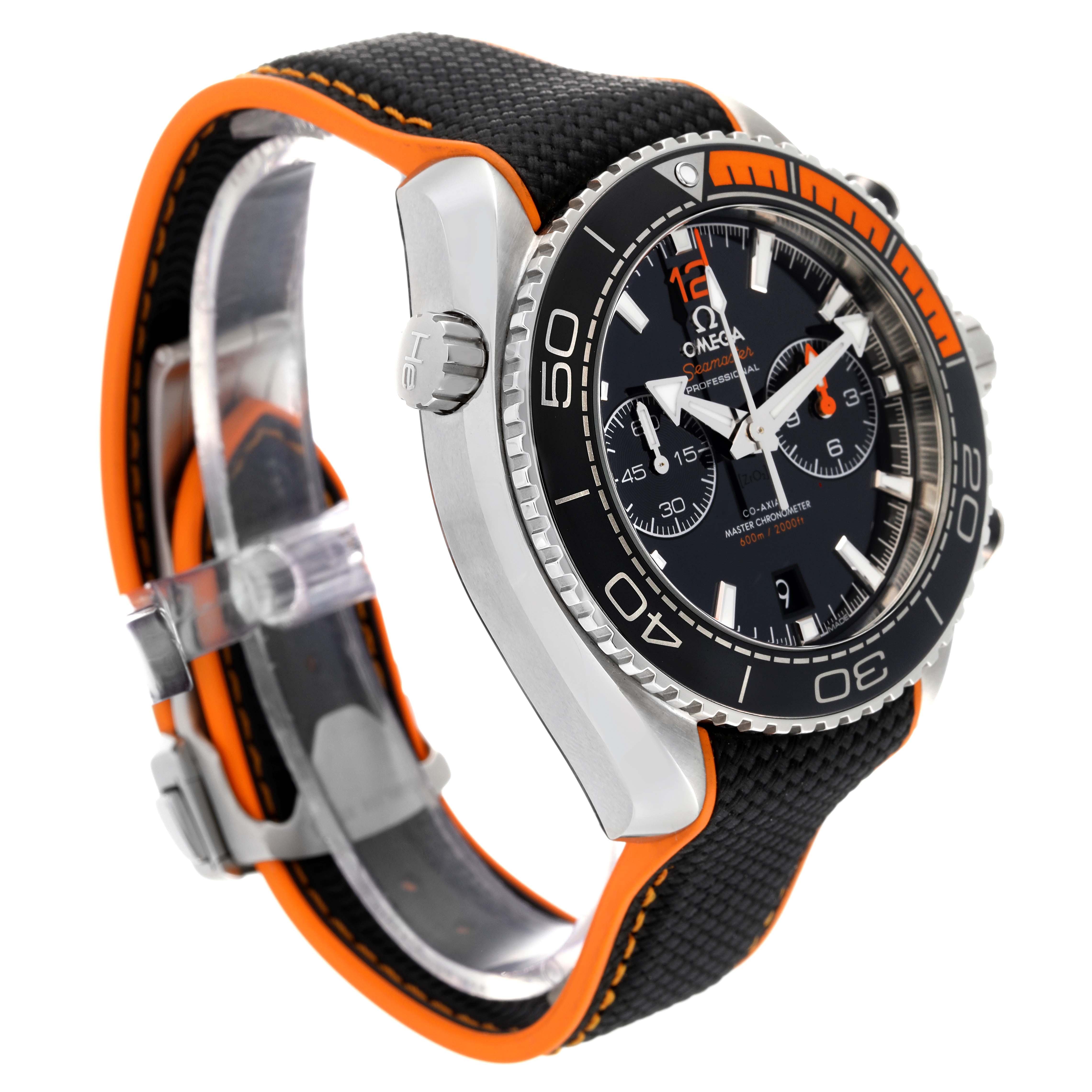 This image shows an Omega Planet Ocean 215.32.46.51.01.001 Men's Stainless Steel Black Dial 215.32.46.51.01.001 Men's Stainless Steel Black Dial watch at a three-quarter angle, highlighting its face, bezel, crown, and strap.