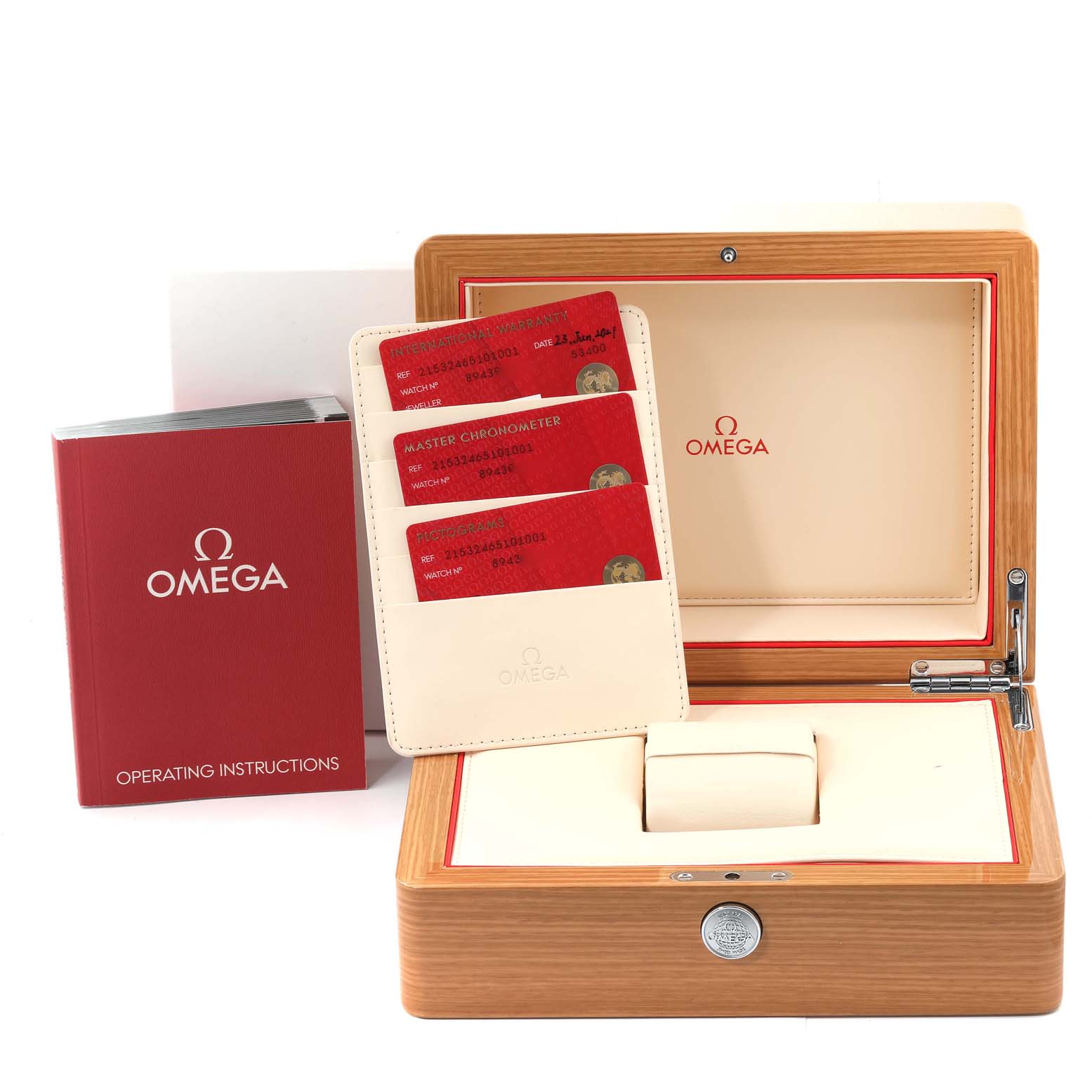 The image shows the Omega Planet Ocean 215.32.46.51.01.001 Men's Stainless Steel Black Dial 215.32.46.51.01.001 Men's Stainless Steel Black Dial watch's box, warranty cards, and operating instructions from a frontal angle.