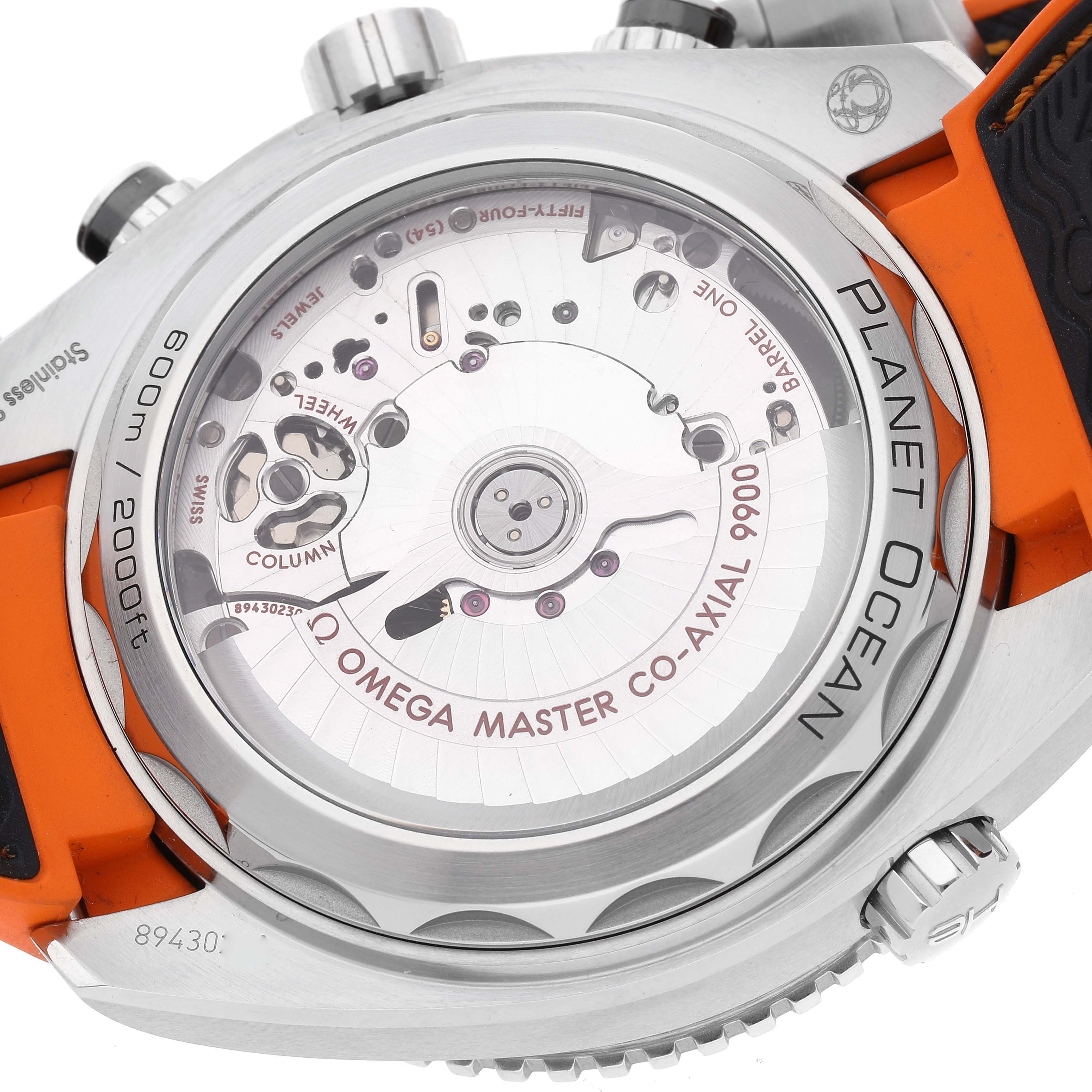 The image shows the back case of the Omega Planet Ocean 215.32.46.51.01.001 Men's Stainless Steel Black Dial 215.32.46.51.01.001 Men's Stainless Steel Black Dial watch, revealing its movement and "OMEGA MASTER CO-AXIAL" engravings.