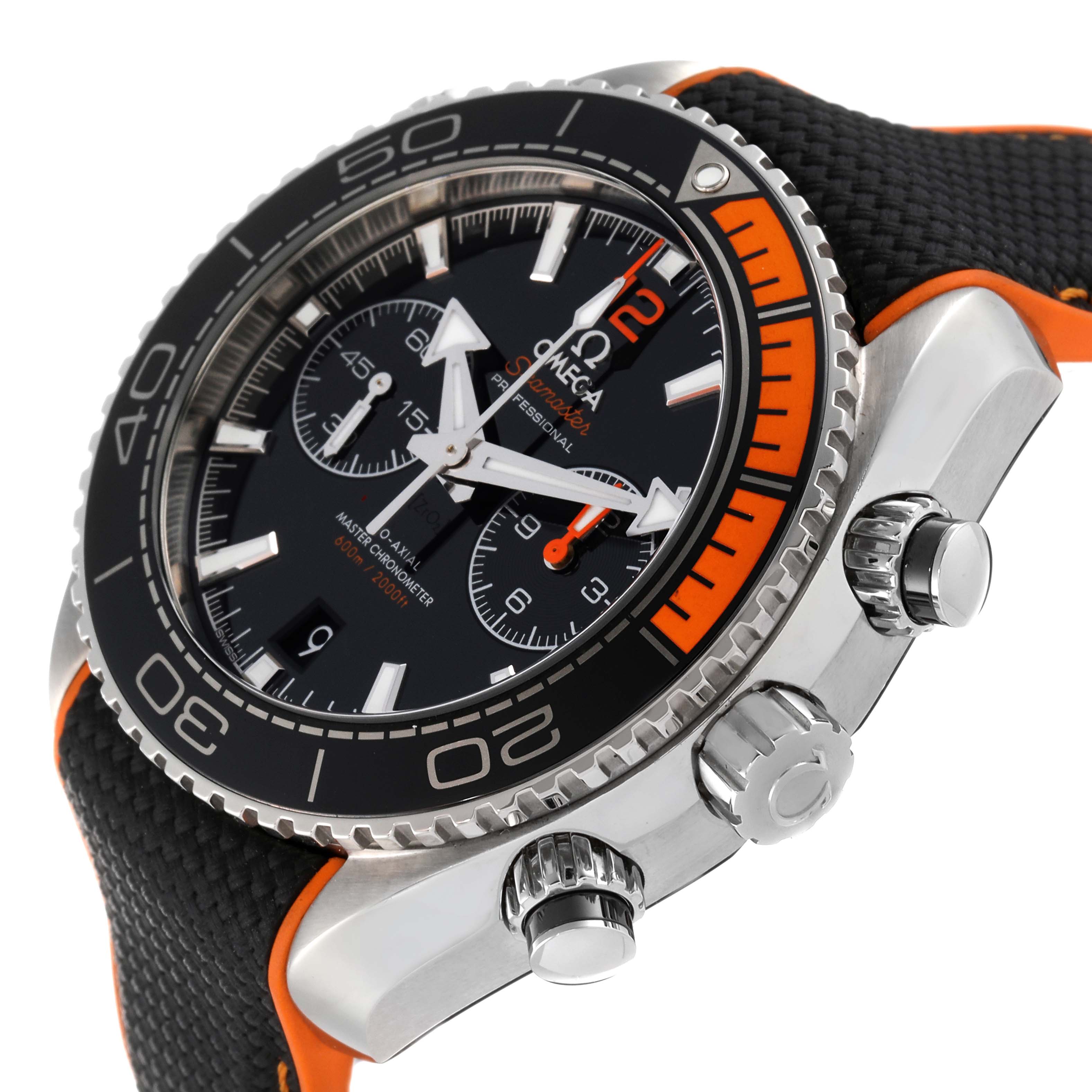 The image shows a close-up side angle of the Omega Planet Ocean 215.32.46.51.01.001 Men's Stainless Steel Black Dial 215.32.46.51.01.001 Men's Stainless Steel Black Dial watch, highlighting the bezel, chronograph buttons, and part of the strap.