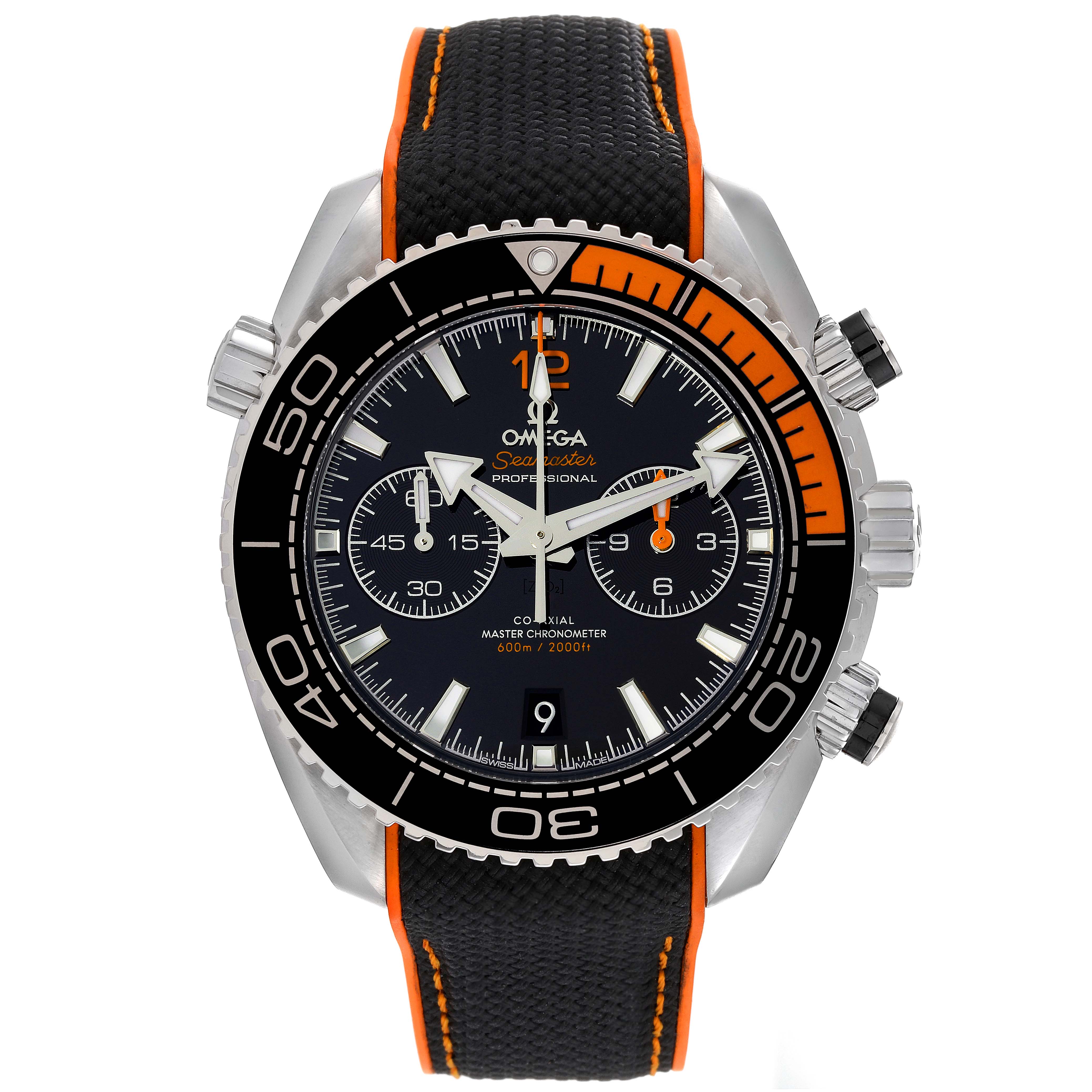 The image shows a frontal view of the Omega Planet Ocean 215.32.46.51.01.001 Men's Stainless Steel Black Dial 215.32.46.51.01.001 Men's Stainless Steel Black Dial watch, highlighting its dial, bezel, crown, pushers, and strap.