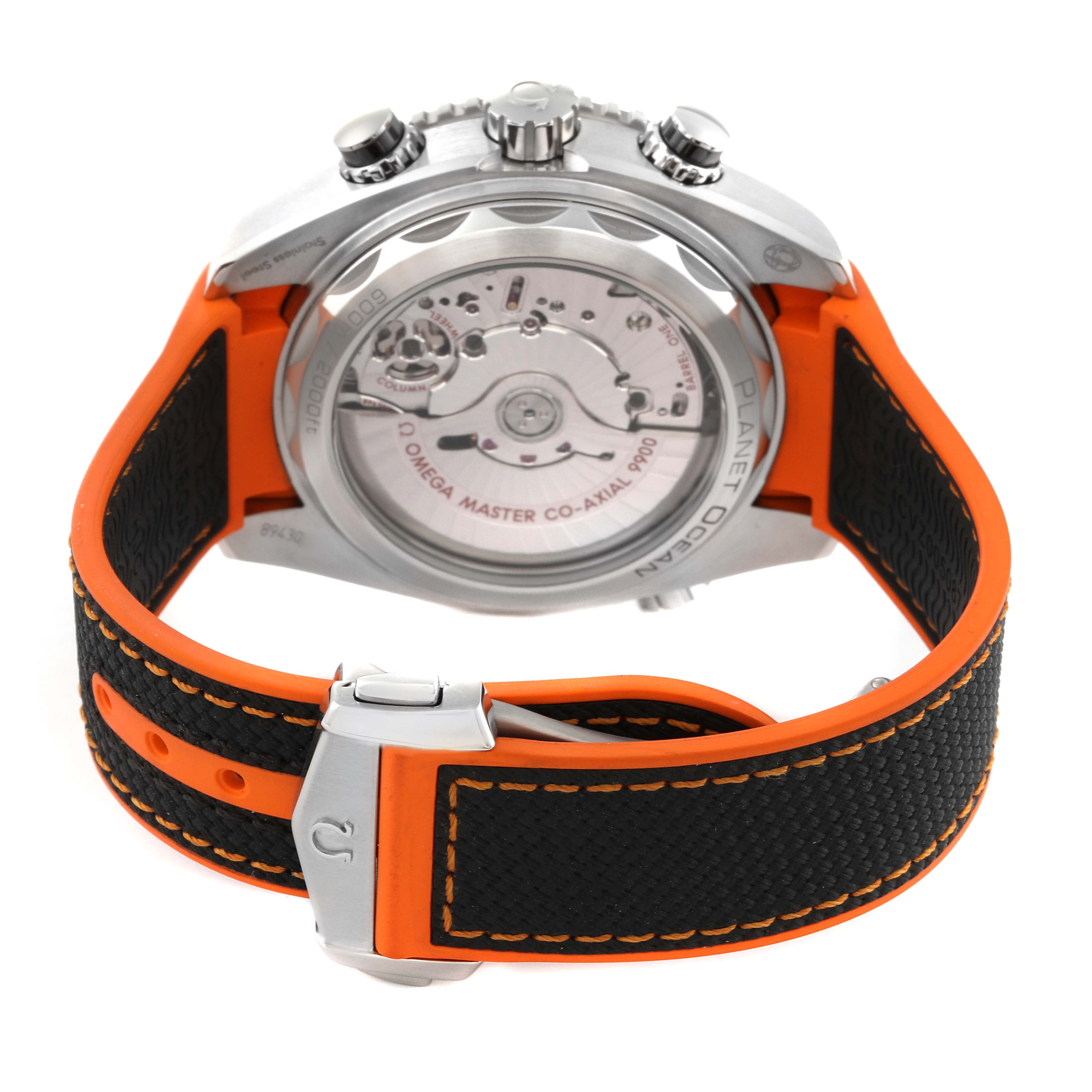 The image showcases the back view of the Omega Planet Ocean 215.32.46.51.01.001 Men's Stainless Steel Black Dial 215.32.46.51.01.001 Men's Stainless Steel Black Dial watch, highlighting its movement and the orange-accented strap.