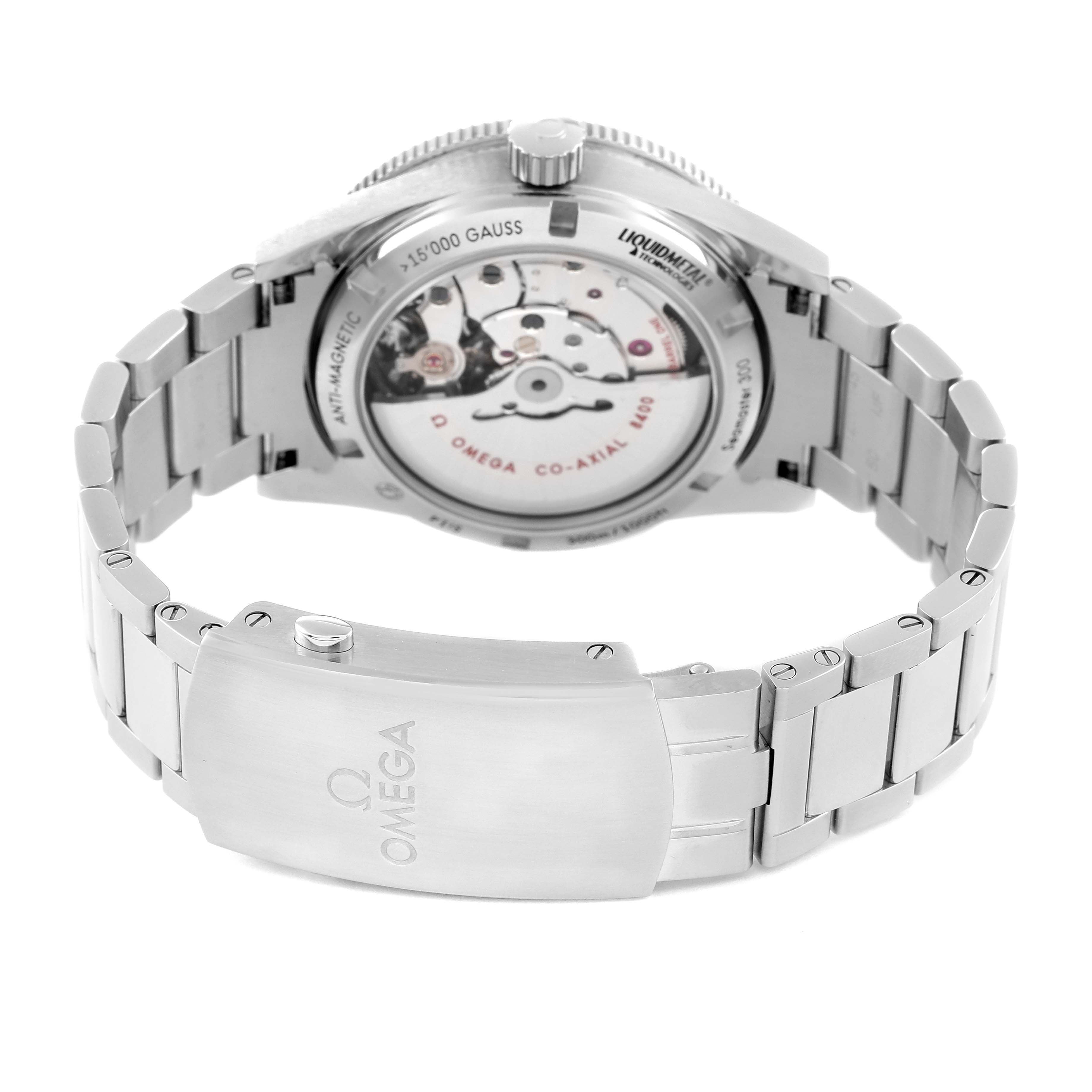 The image shows the back of an Omega Seamaster 233.30.41.21.01.001 Men's Stainless Steel Black Dial 233.30.41.21.01.001 Men's Stainless Steel Black Dial watch, highlighting the clasp and the transparent case back showing the mechanism.