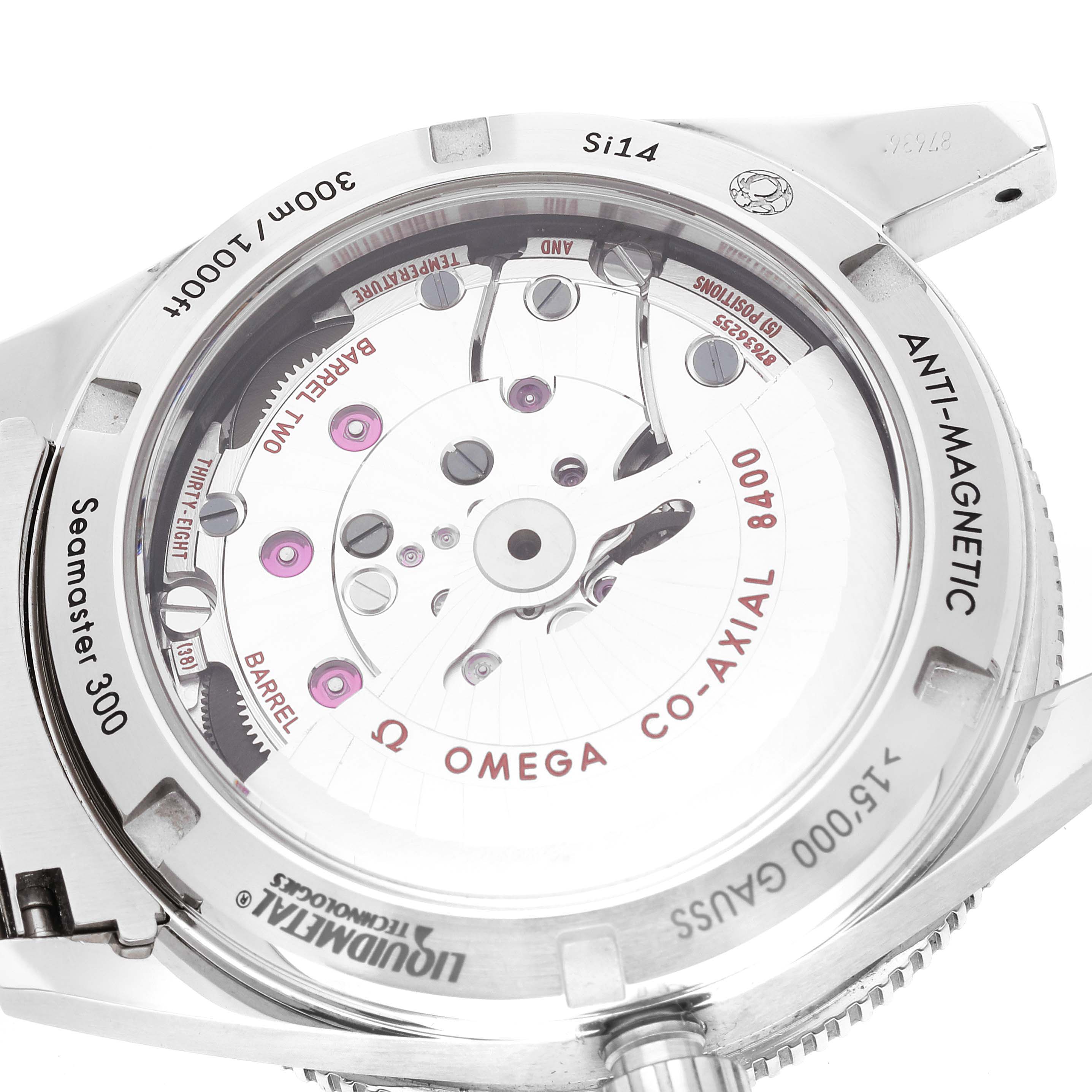 The image shows the back case of an Omega Seamaster 233.30.41.21.01.001 Men's Stainless Steel Black Dial 233.30.41.21.01.001 Men's Stainless Steel Black Dial 300, highlighting the Co-Axial 8400 movement.