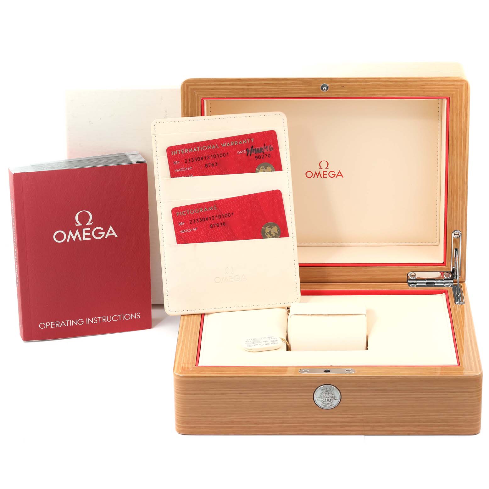 The image shows an Omega Seamaster 233.30.41.21.01.001 Men's Stainless Steel Black Dial 233.30.41.21.01.001 Men's Stainless Steel Black Dial watch box, warranty cards, and operating instructions from a front angle.