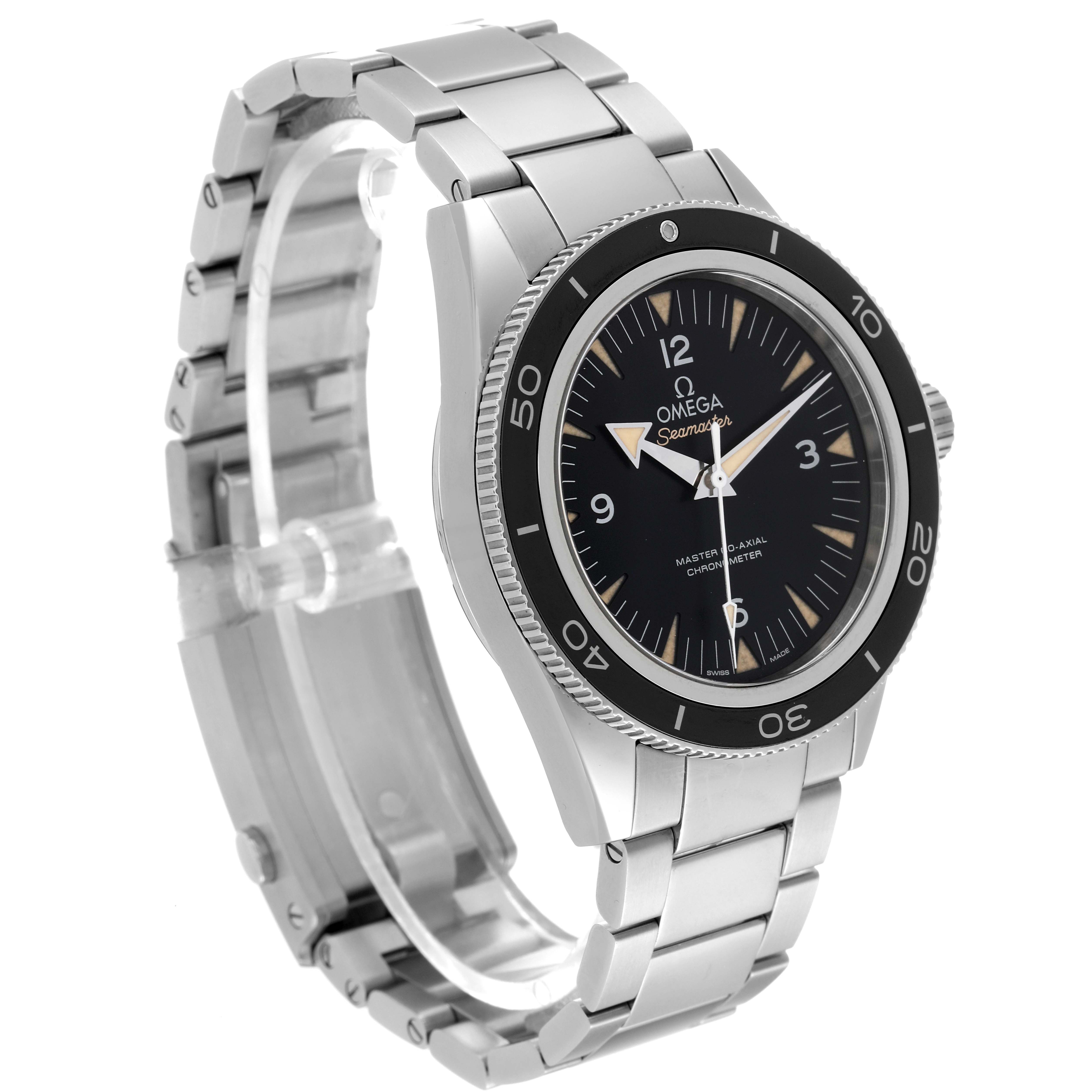 The Omega Seamaster 233.30.41.21.01.001 Men's Stainless Steel Black Dial 233.30.41.21.01.001 Men's Stainless Steel Black Dial watch is shown at an angle displaying the face, bezel, and part of the bracelet.