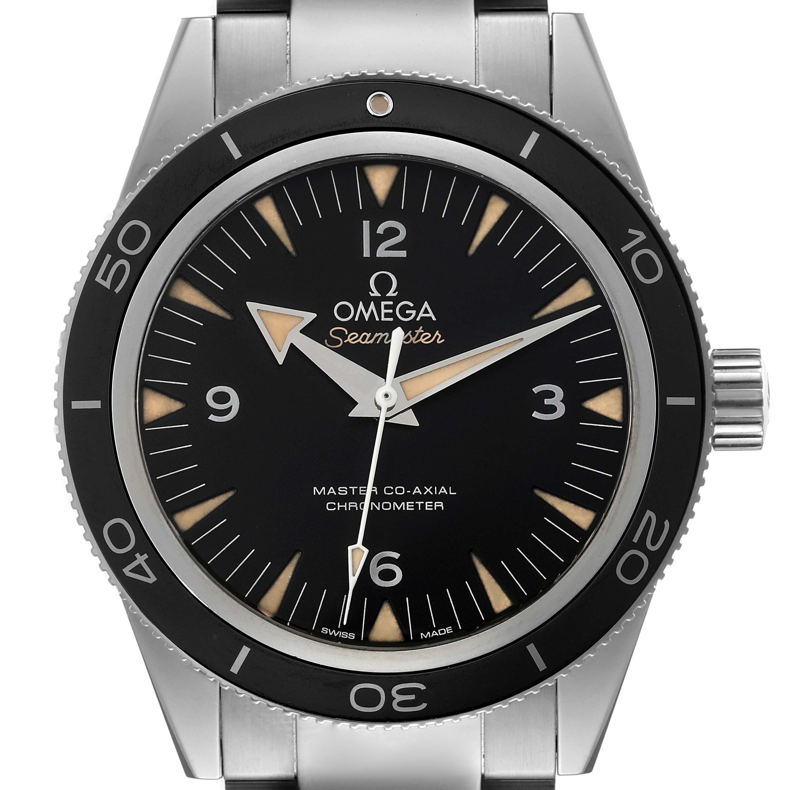 The image shows a frontal view of the Omega Seamaster 233.30.41.21.01.001 Men's Stainless Steel Black Dial 233.30.41.21.01.001 Men's Stainless Steel Black Dial watch, highlighting the dial, bezel, and part of the bracelet.