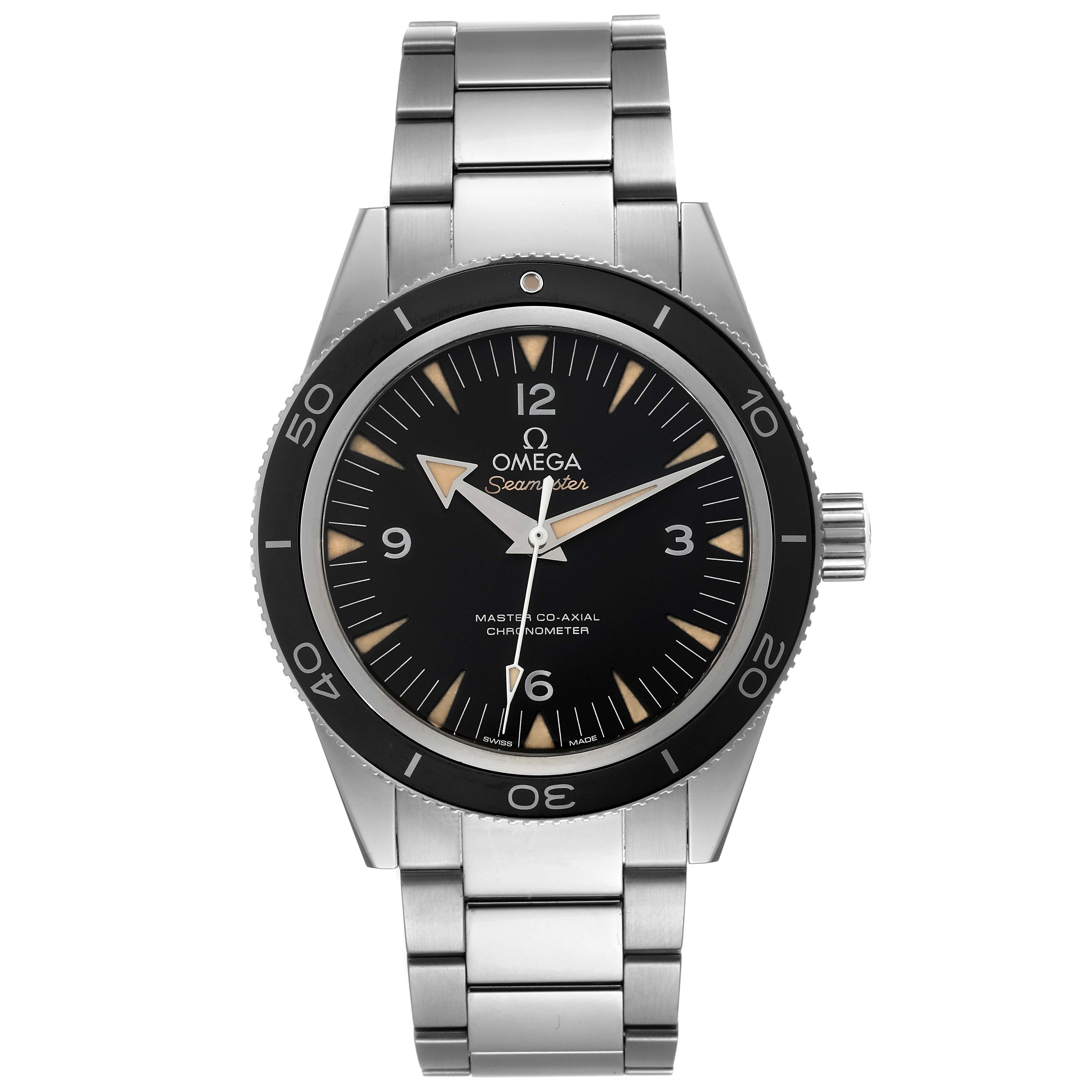 This Omega Seamaster 233.30.41.21.01.001 Men's Stainless Steel Black Dial 233.30.41.21.01.001 Men's Stainless Steel Black Dial watch is shown from a top-down angle, displaying its face, bezel, crown, and bracelet.