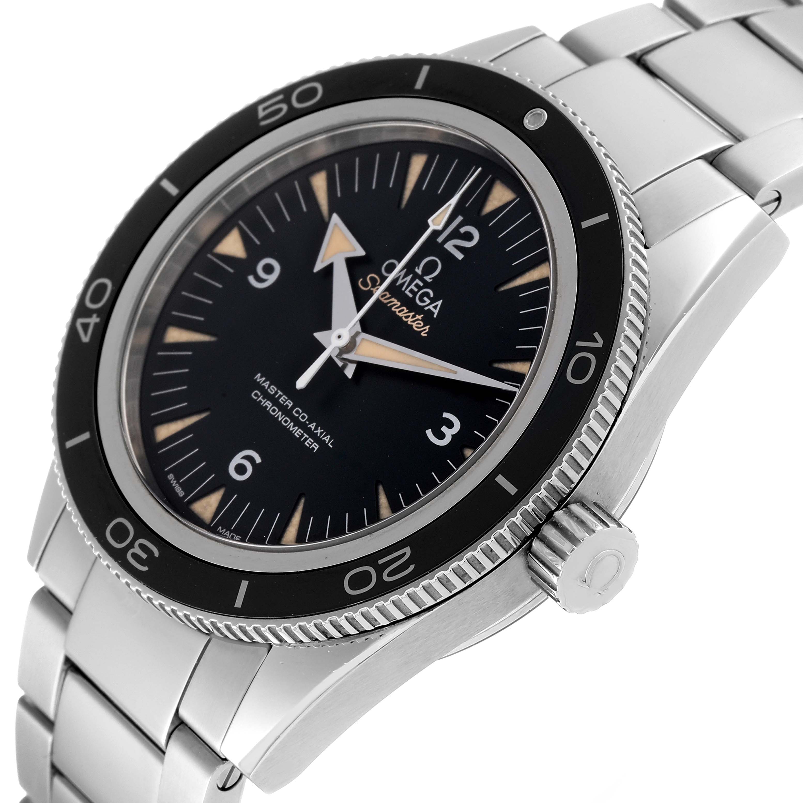 The image shows an angled view of the Omega Seamaster 233.30.41.21.01.001 Men's Stainless Steel Black Dial 233.30.41.21.01.001 Men's Stainless Steel Black Dial watch, highlighting the dial, bezel, crown, and partial bracelet.