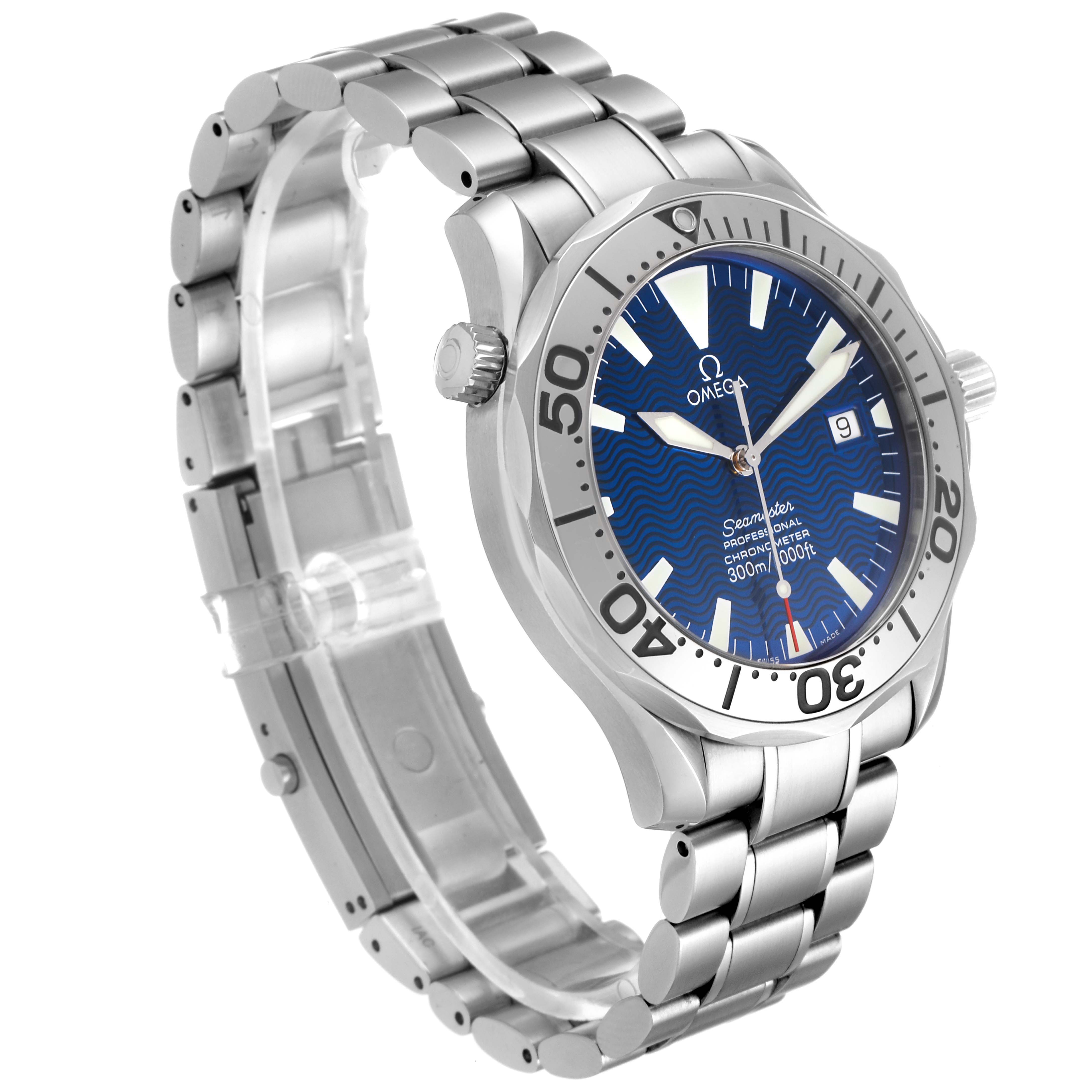 This image shows a three-quarter view of the Omega Seamaster 2255.80.00 Men
s Stainless Steel Blue Dial 2255.80.00 Men
s Stainless Steel Blue Dial watch, highlighting the dial, bezel, crown, and metal bracelet.
