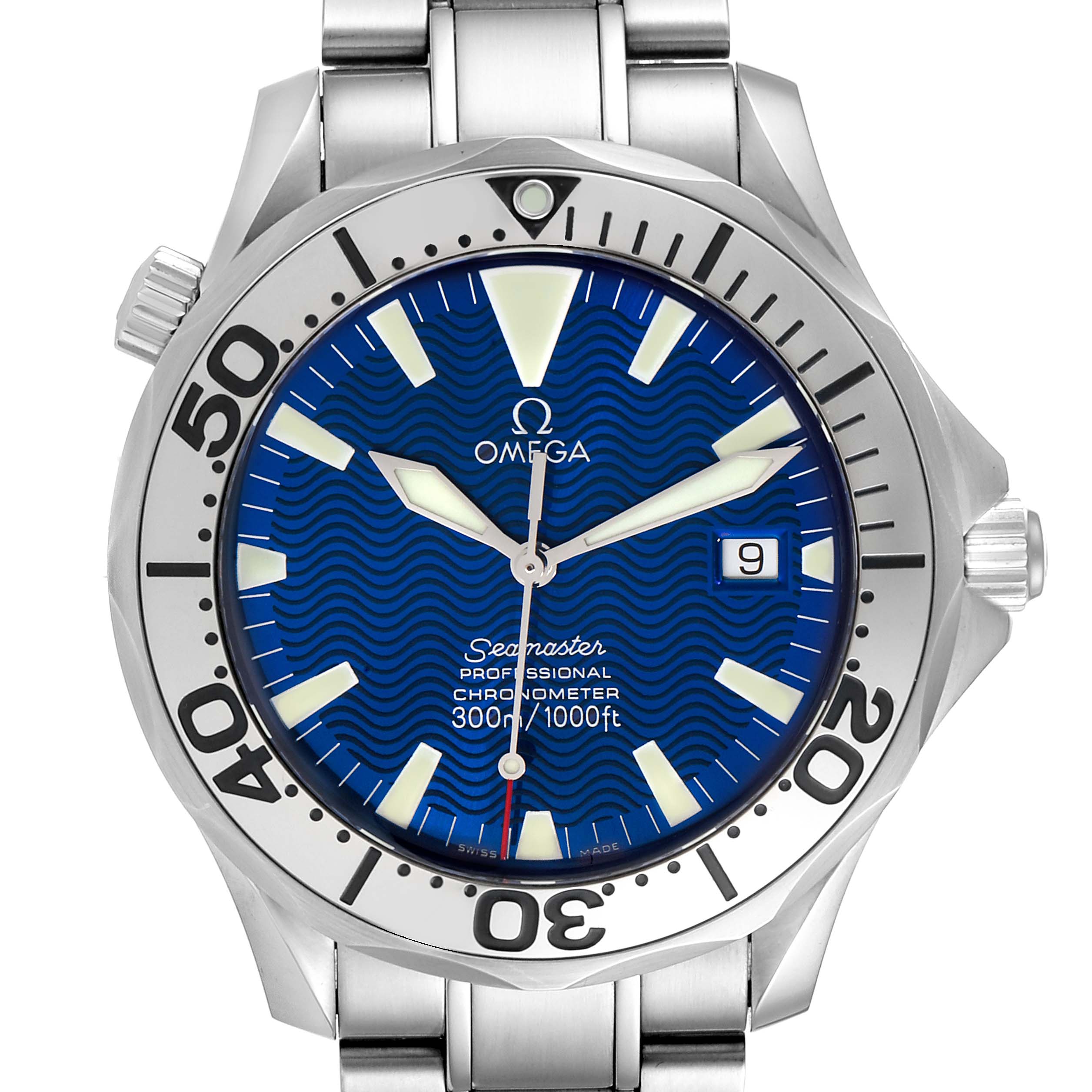 The image shows a front view of the Omega Seamaster 2255.80.00 Men
s Stainless Steel Blue Dial 2255.80.00 Men
s Stainless Steel Blue Dial watch, highlighting its blue dial, bezel, and stainless steel bracelet.