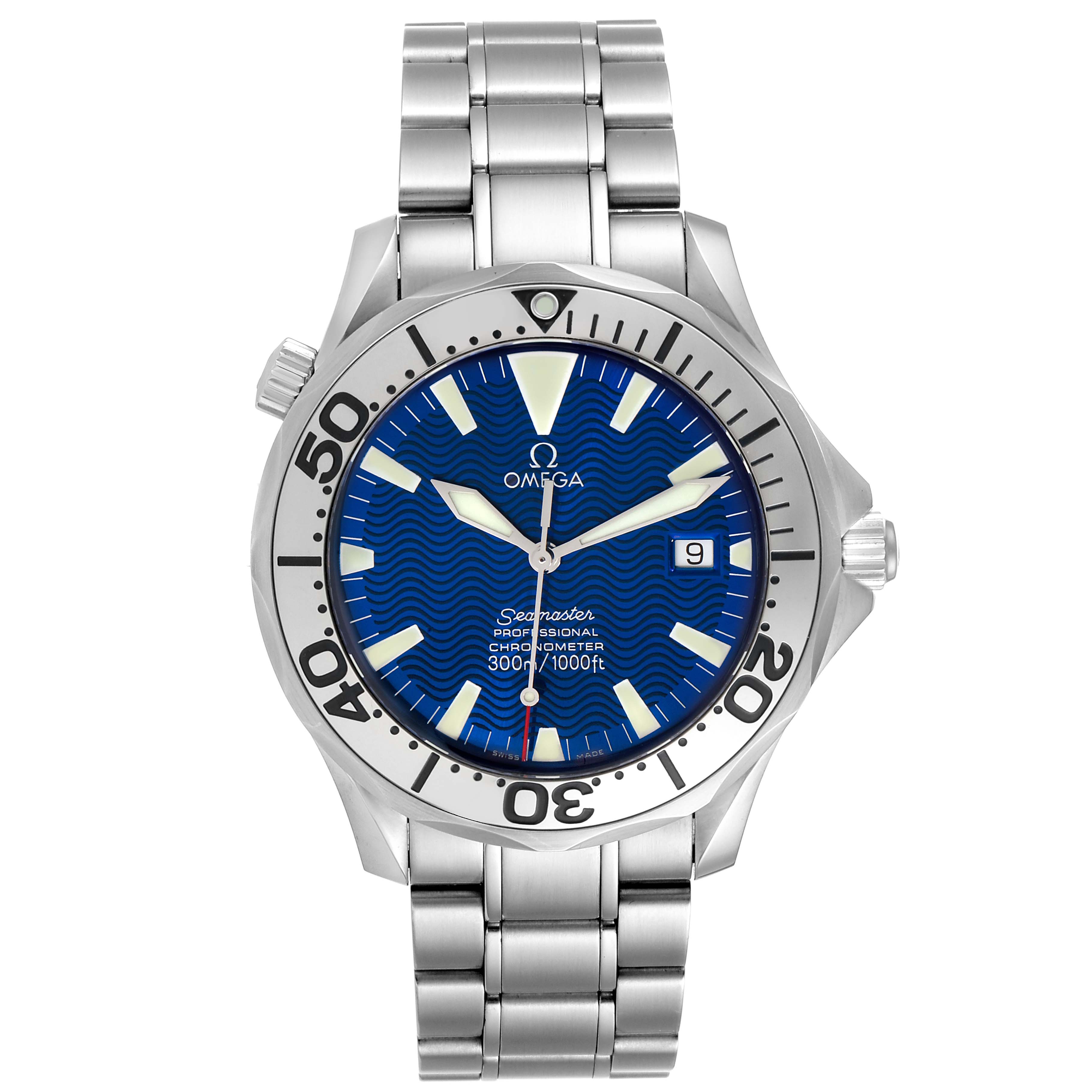 This image shows a front view of the Omega Seamaster 2255.80.00 Men
s Stainless Steel Blue Dial 2255.80.00 Men
s Stainless Steel Blue Dial watch, featuring its face, bezel, crown, and stainless steel bracelet.