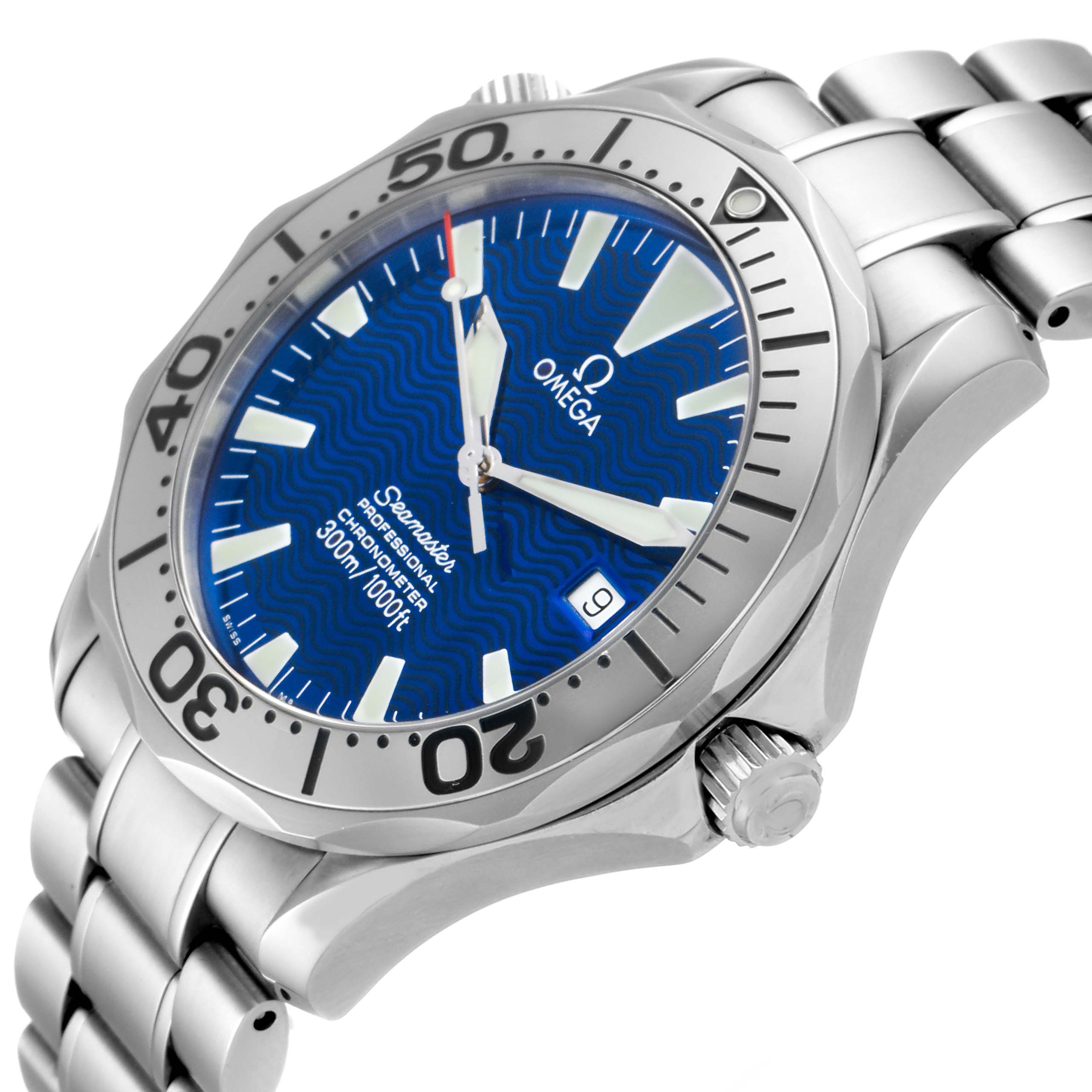 The image shows an Omega Seamaster 2255.80.00 Men
s Stainless Steel Blue Dial 2255.80.00 Men
s Stainless Steel Blue Dial watch from an oblique angle, highlighting its blue dial, bezel, and stainless steel bracelet.