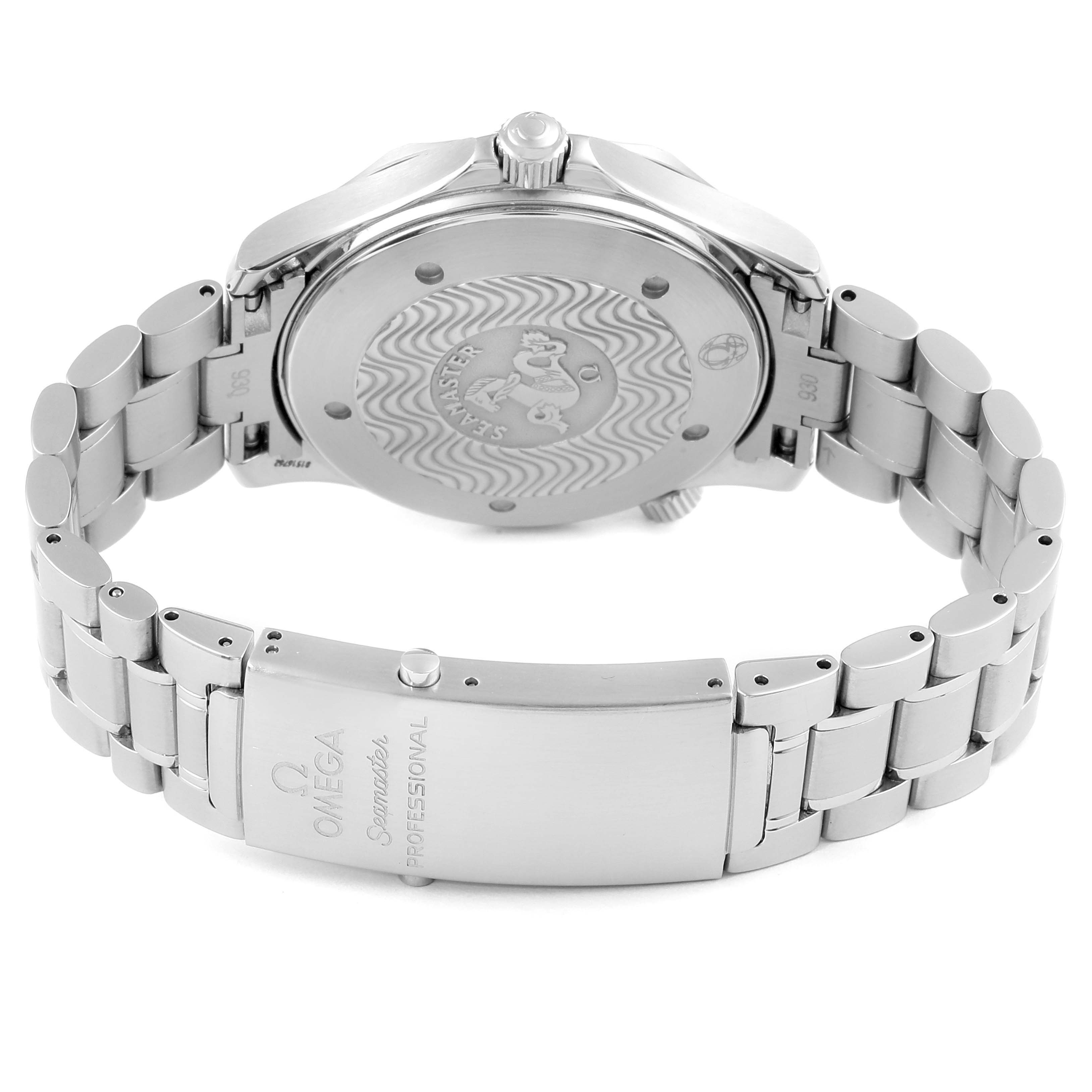 This image shows the back case and bracelet clasp of an Omega Seamaster 2255.80.00 Men
s Stainless Steel Blue Dial 2255.80.00 Men
s Stainless Steel Blue Dial watch, highlighting its branding and metal texture.