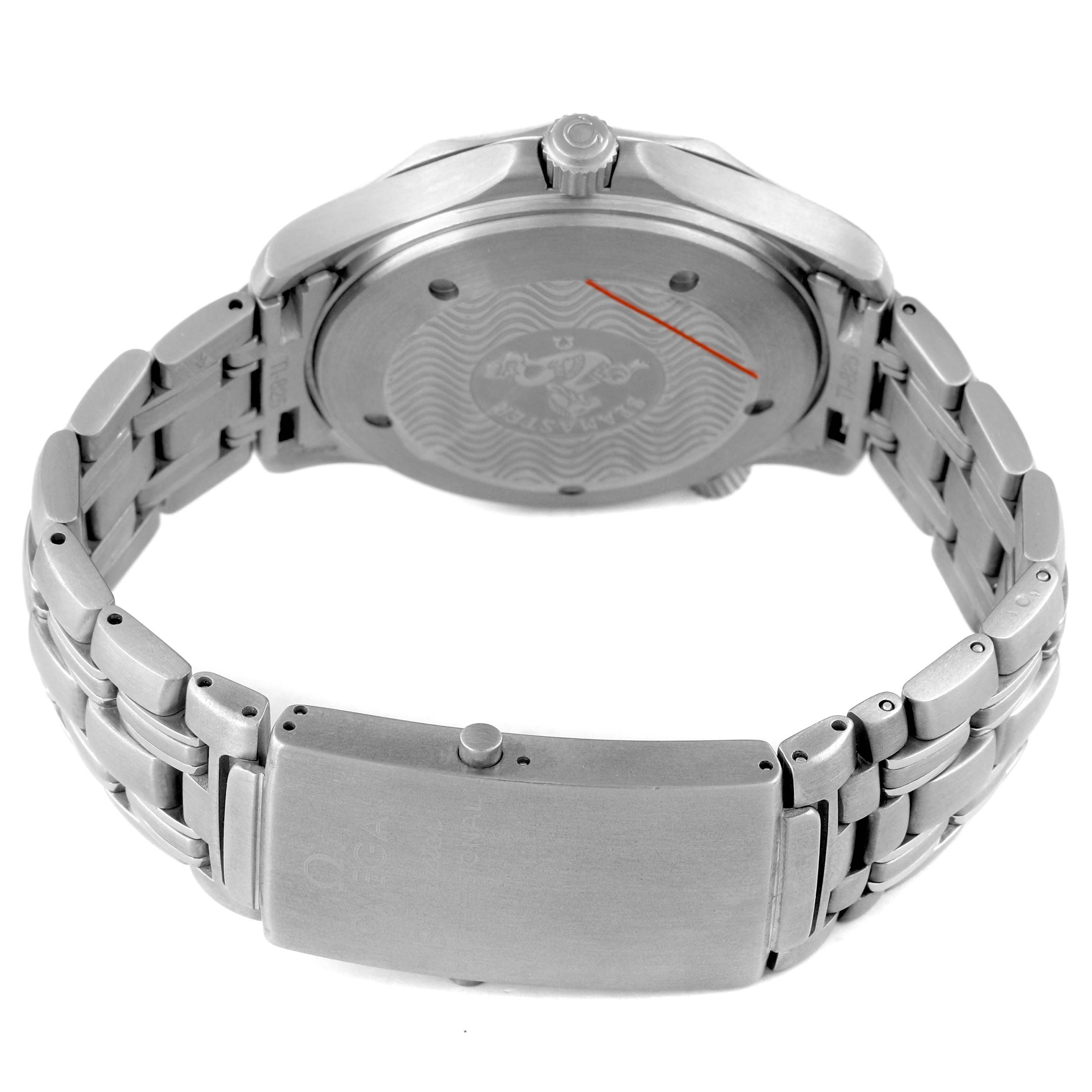 The image shows the back and clasp of an Omega Seamaster 2231.80.00 Men's Titanium Blue Dial watch from a side angle, highlighting the case back and bracelet.