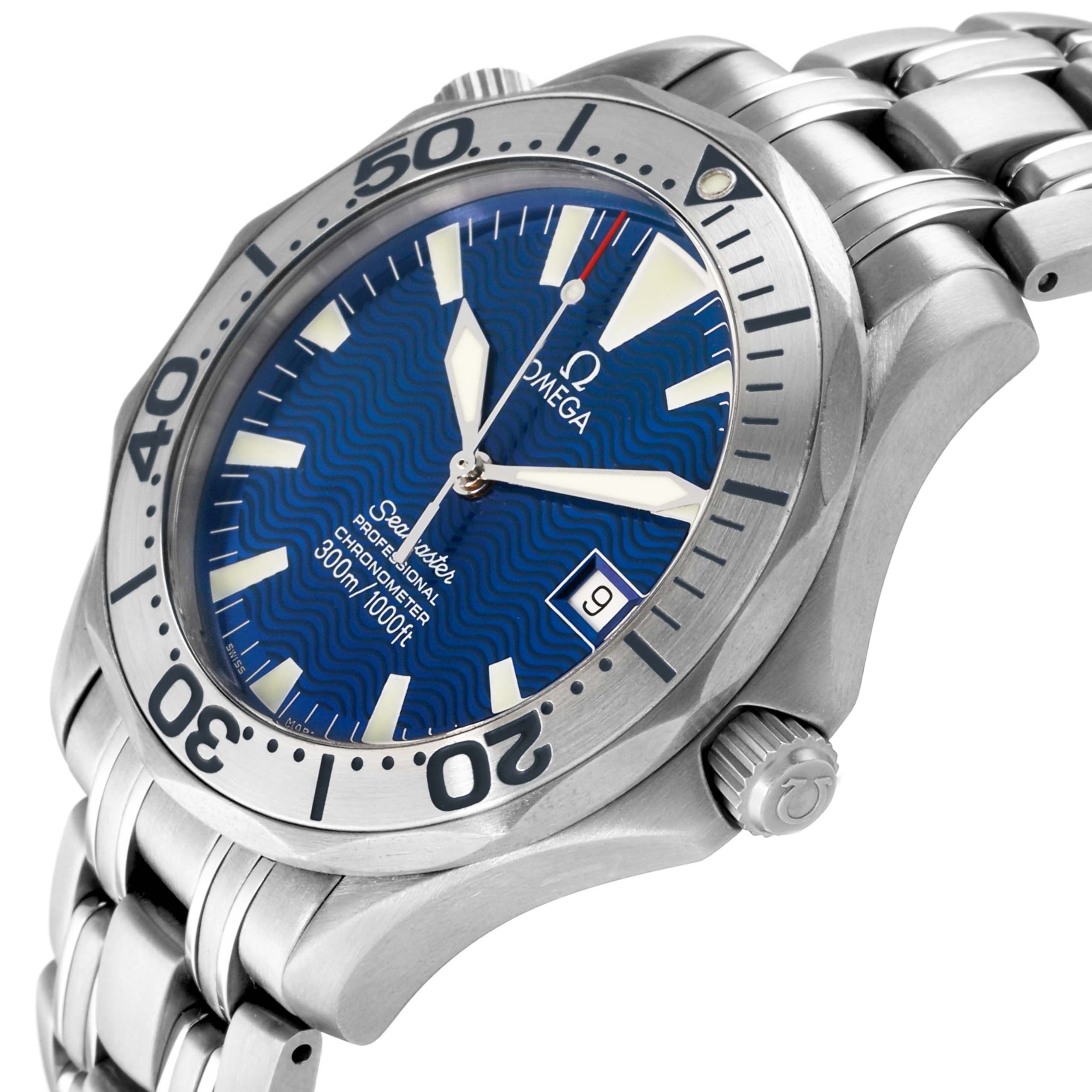 The Omega Seamaster 2231.80.00 Men's Titanium Blue Dial watch is shown at an angled view, highlighting its blue dial, bezel, crown, and metal bracelet.