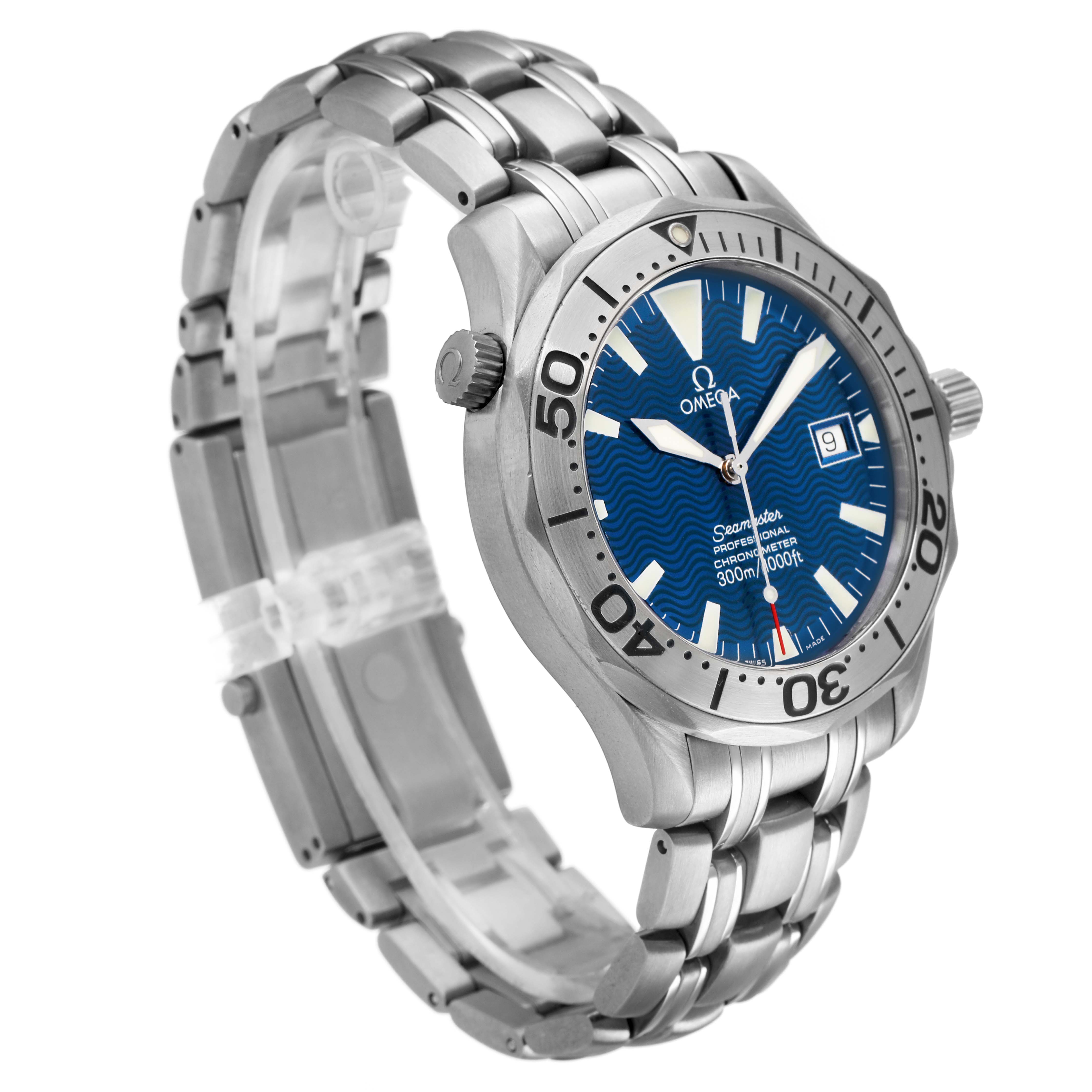 The Omega Seamaster 2231.80.00 Men's Titanium Blue Dial watch is shown at a slight angle, displaying the blue dial, bezel, and metal bracelet.