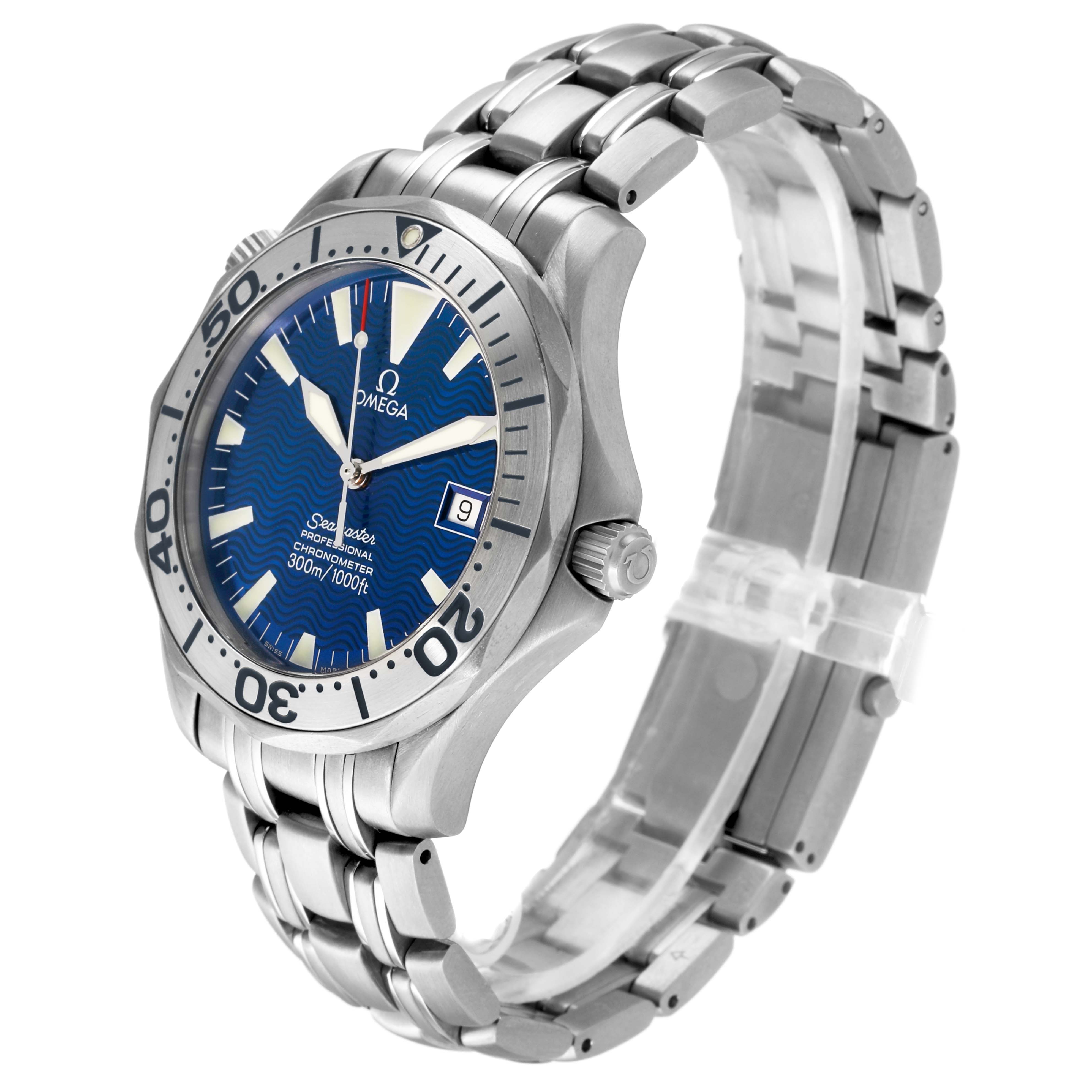 The Omega Seamaster 2231.80.00 Men's Titanium Blue Dial watch is shown at a three-quarter angle, displaying its face, bezel, crown, and stainless steel bracelet.