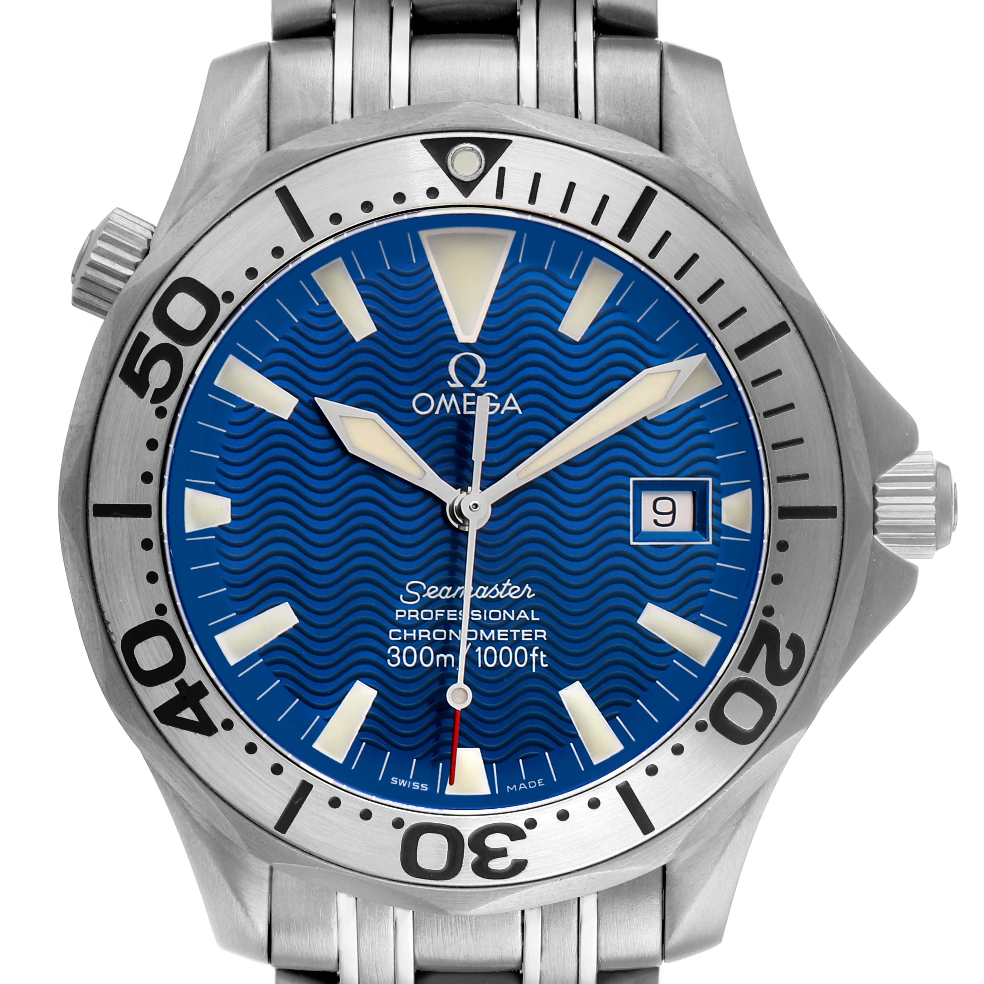 The Omega Seamaster 2231.80.00 Men's Titanium Blue Dial watch is shown from a front view, highlighting its blue dial, bezel, and bracelet.