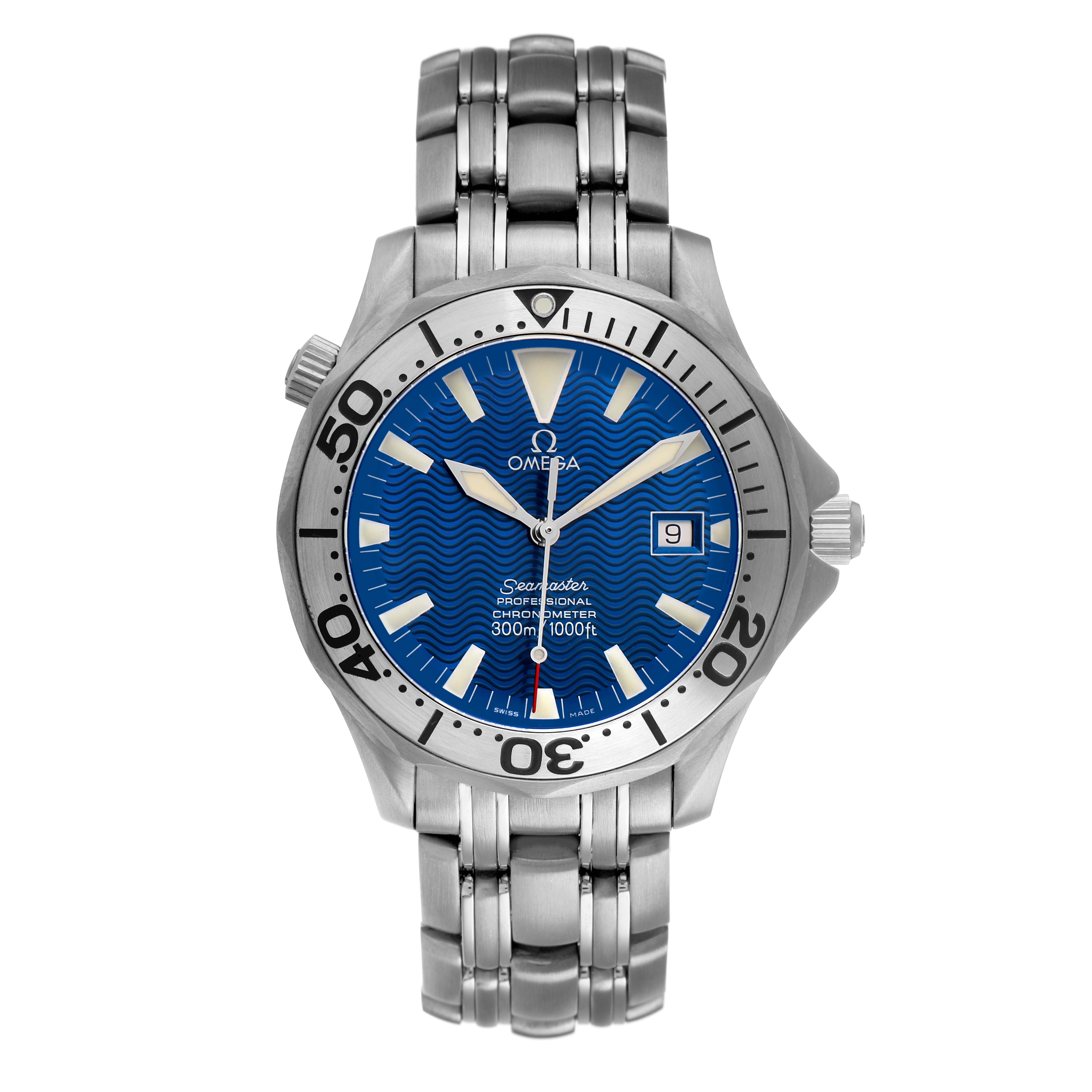 The Omega Seamaster 2231.80.00 Men's Titanium Blue Dial watch is shown front-on, highlighting its dial, bezel, indices, and bracelet.