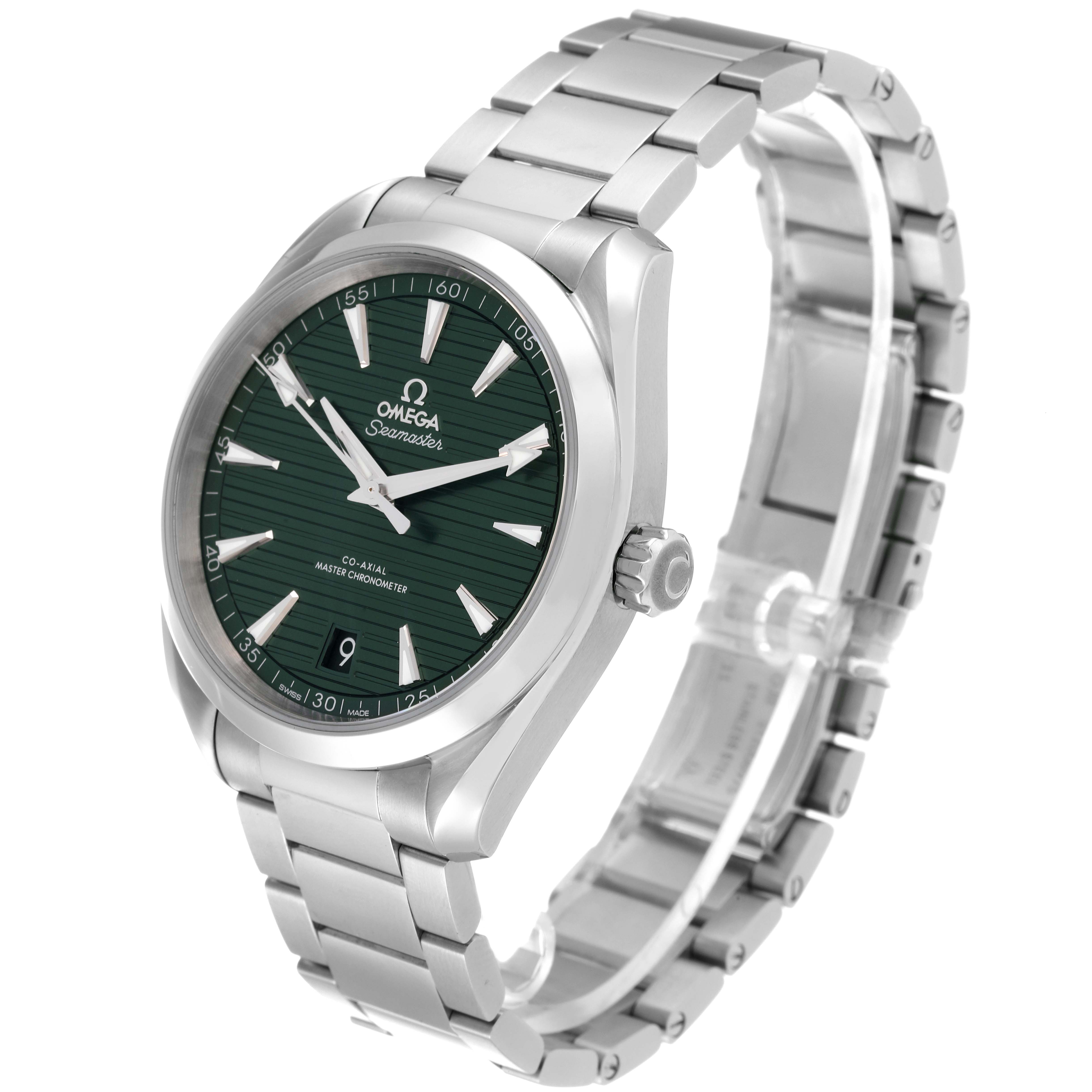 The image shows a side angle of the Omega Aqua Terra 220.10.41.21.10.001 Men's Stainless Steel Green Dial 220.10.41.21.10.001 Men's Stainless Steel Green Dial watch displaying the face, bezel, crown, and bracelet.