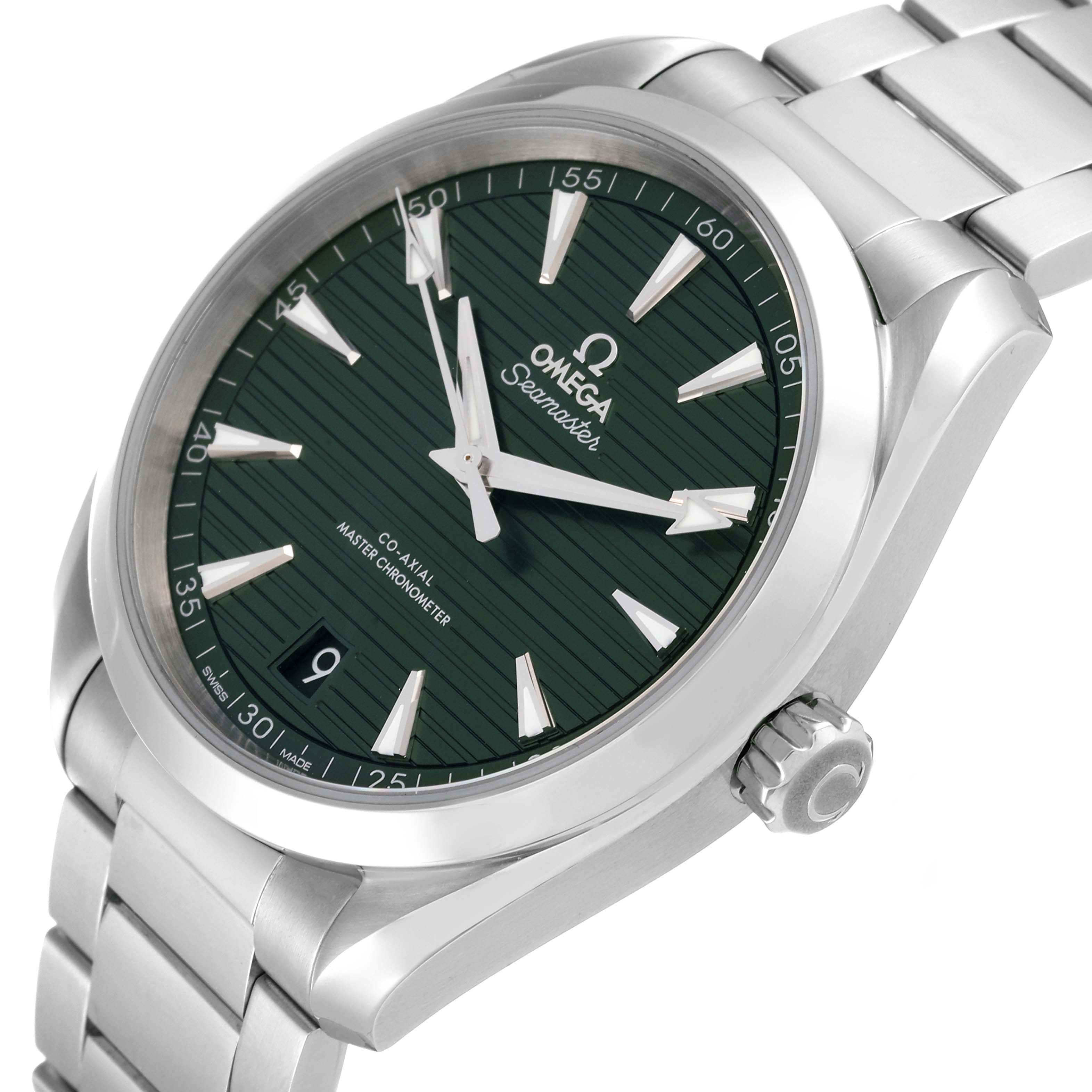 The image shows the Omega Aqua Terra 220.10.41.21.10.001 Men's Stainless Steel Green Dial 220.10.41.21.10.001 Men's Stainless Steel Green Dial watch at an angled side view, highlighting the green dial, hour markers, crown, and metal bracelet.