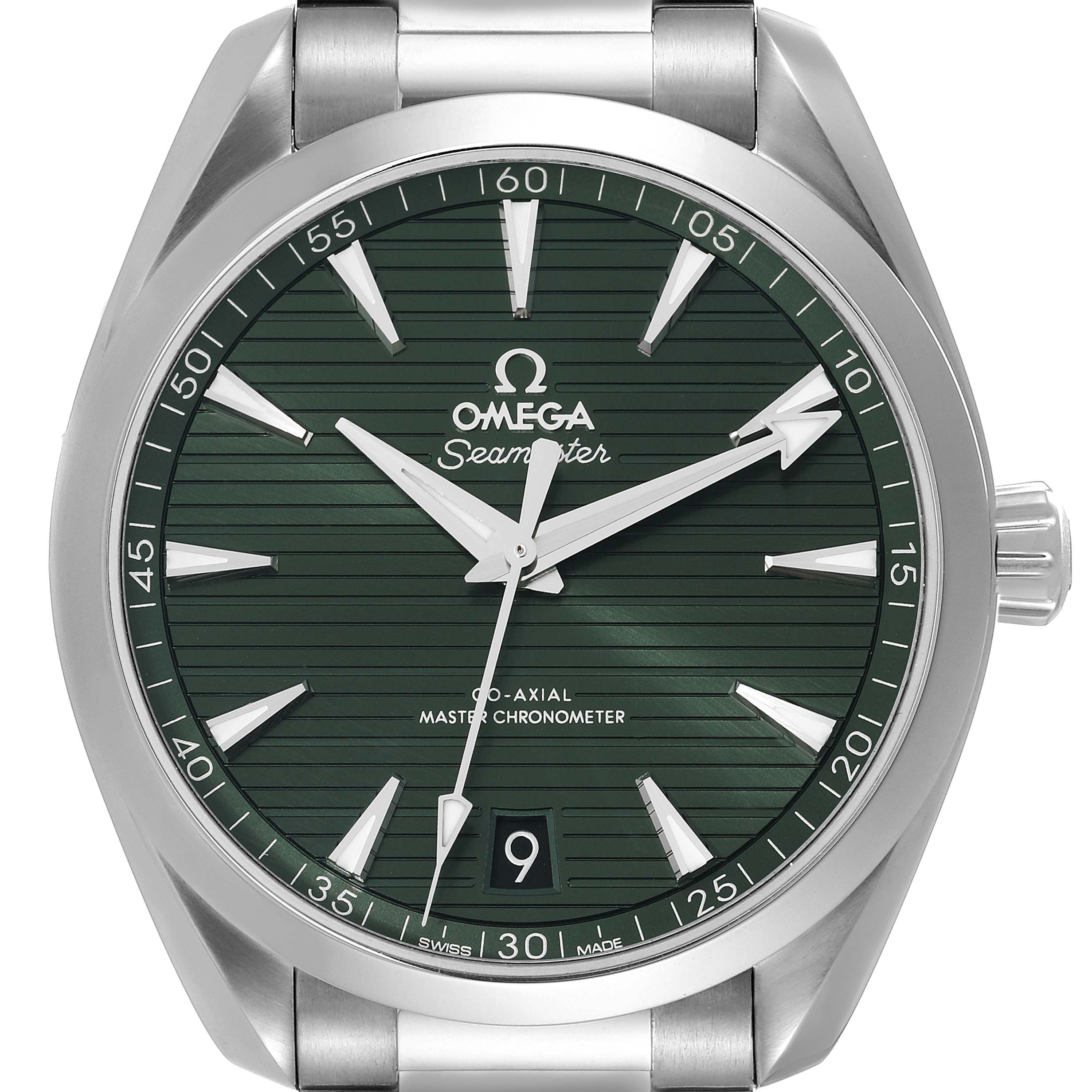 The image shows a frontal view of the Omega Aqua Terra 220.10.41.21.10.001 Men's Stainless Steel Green Dial 220.10.41.21.10.001 Men's Stainless Steel Green Dial watch, highlighting its green dial, date window, and stainless steel case and bracelet.