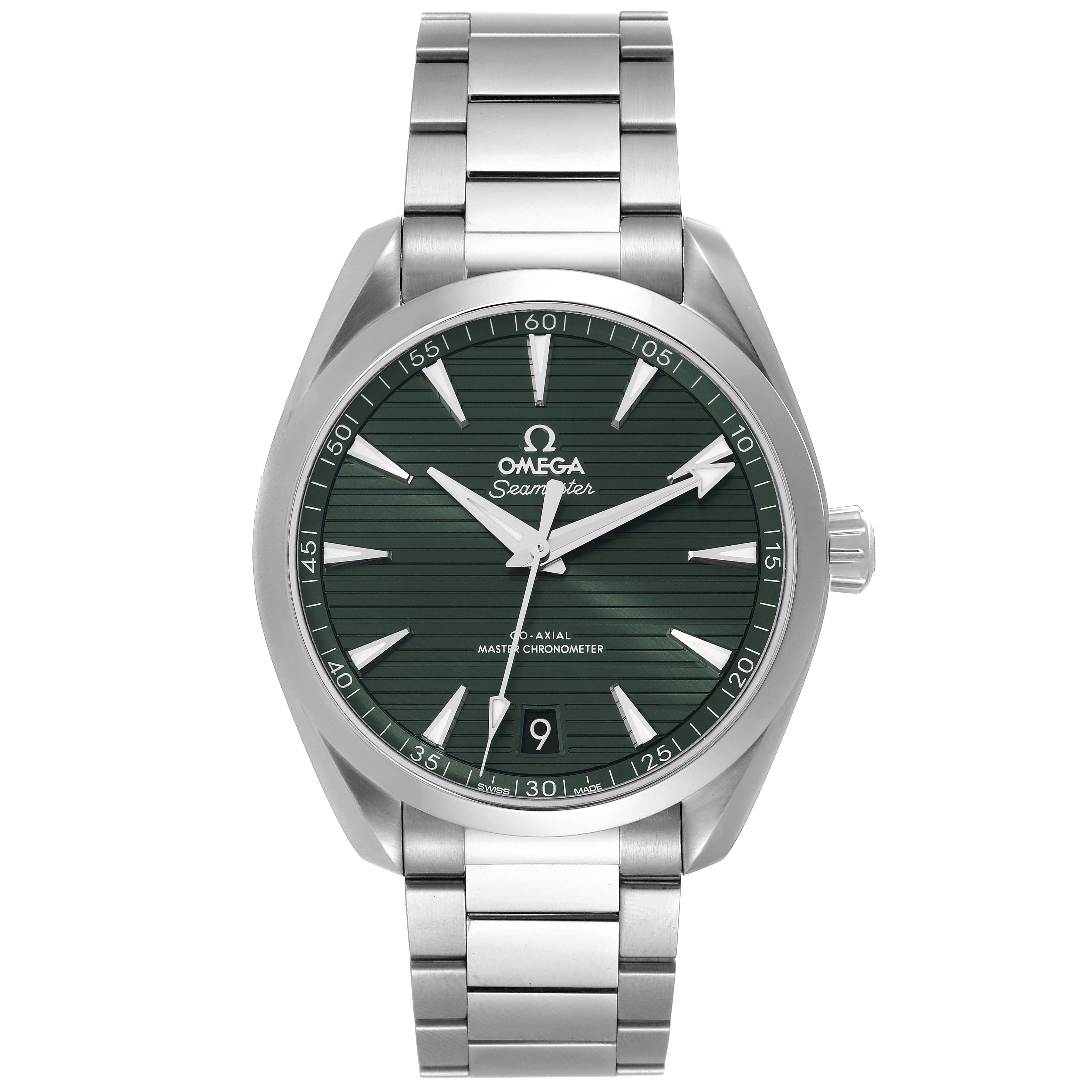 The image displays a frontal view of the Omega Seamaster Aqua Terra watch, highlighting its green dial and metal bracelet.