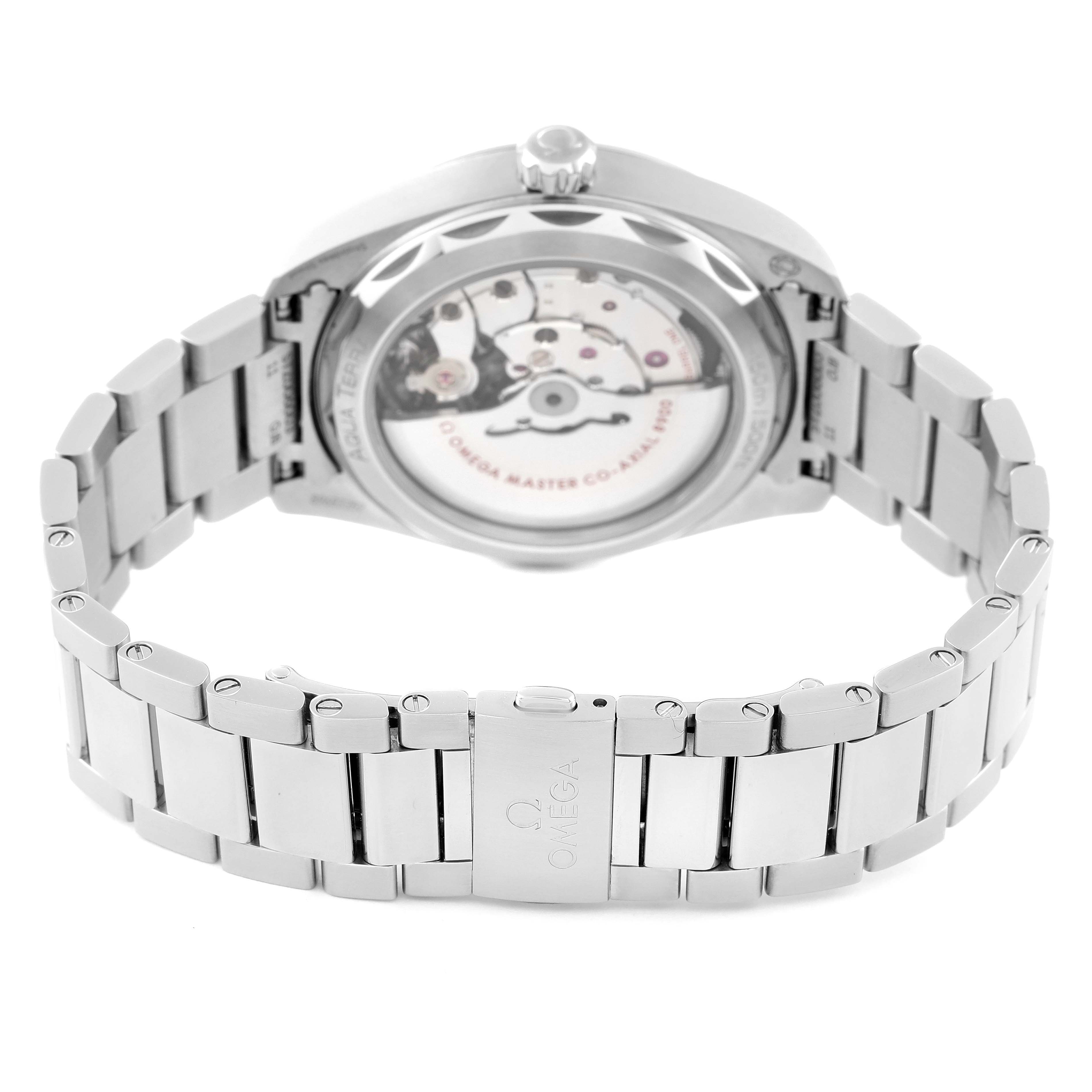 This image shows the back view of an Omega Aqua Terra 220.10.41.21.10.001 Men's Stainless Steel Green Dial 220.10.41.21.10.001 Men's Stainless Steel Green Dial watch, focusing on the bracelet and the movement through the transparent case back.