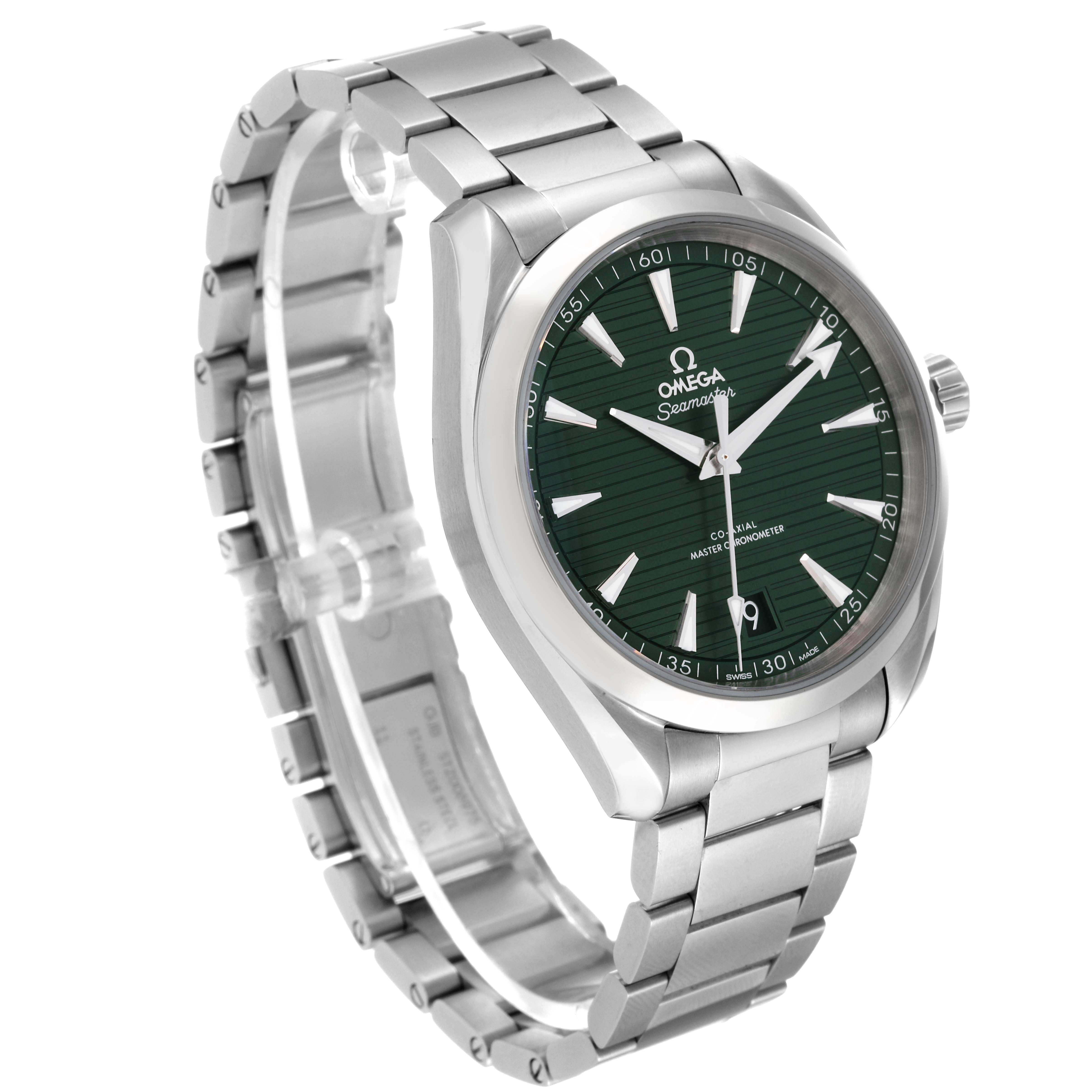 This image shows an angled view of an Omega Aqua Terra 220.10.41.21.10.001 Men's Stainless Steel Green Dial 220.10.41.21.10.001 Men's Stainless Steel Green Dial watch, highlighting its face, bezel, and bracelet.