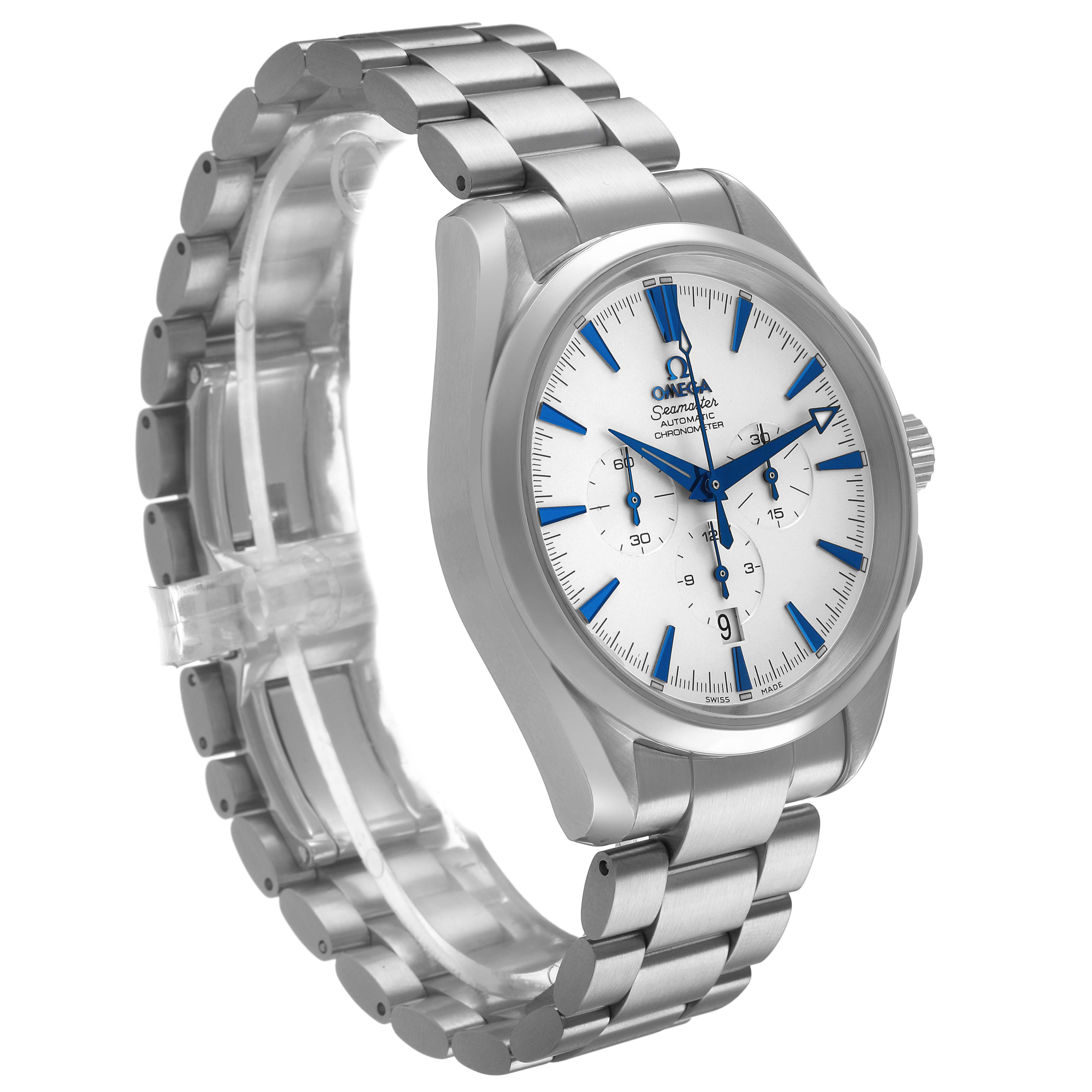 The Omega Seamaster 2512.30.00 Men's Stainless Steel Silver Dial watch is shown at a three-quarter angle, displaying the face, bezel, and metal bracelet.