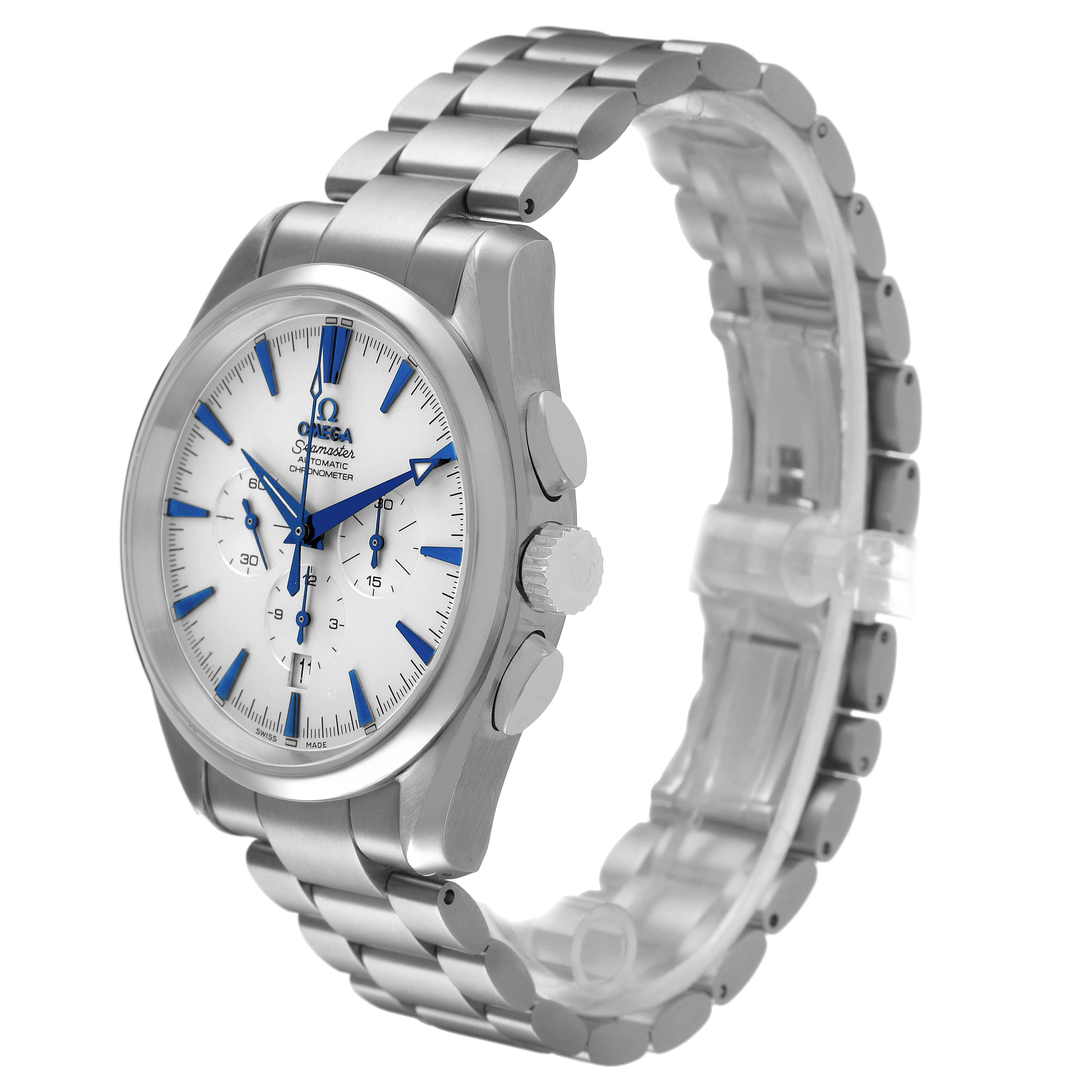 The Omega Seamaster 2512.30.00 Men's Stainless Steel Silver Dial watch is shown at a three-quarter angle, highlighting its face, bezel, pushers, crown, and bracelet.