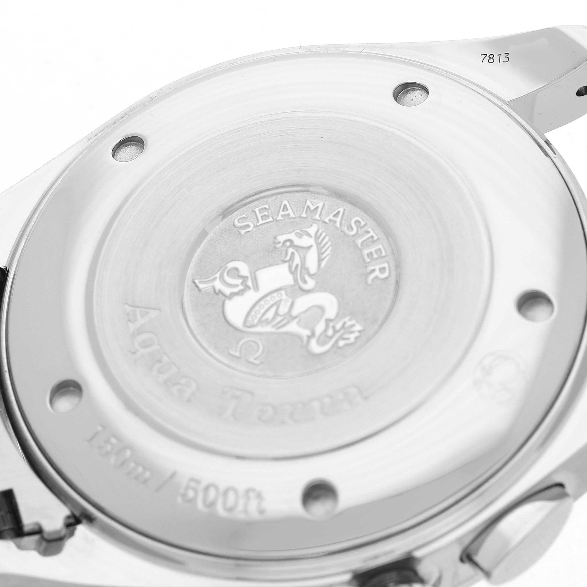 The image shows the back of the Omega Seamaster 2512.30.00 Men's Stainless Steel Silver Dial watch, highlighting its engraved logo and water resistance details.