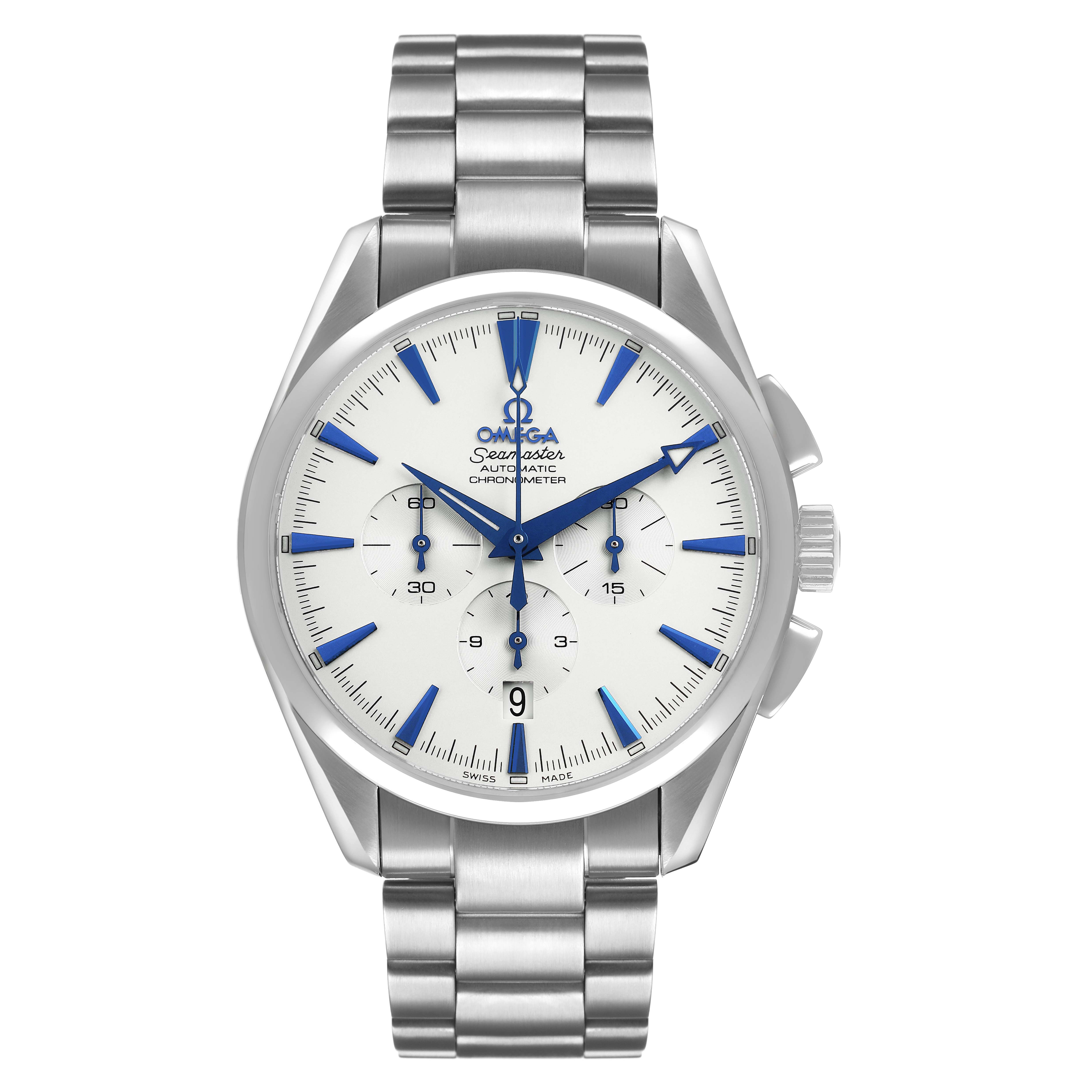 The Omega Seamaster 2512.30.00 Men's Stainless Steel Silver Dial watch is shown from a front angle, displaying the face, hands, markers, and bracelet.