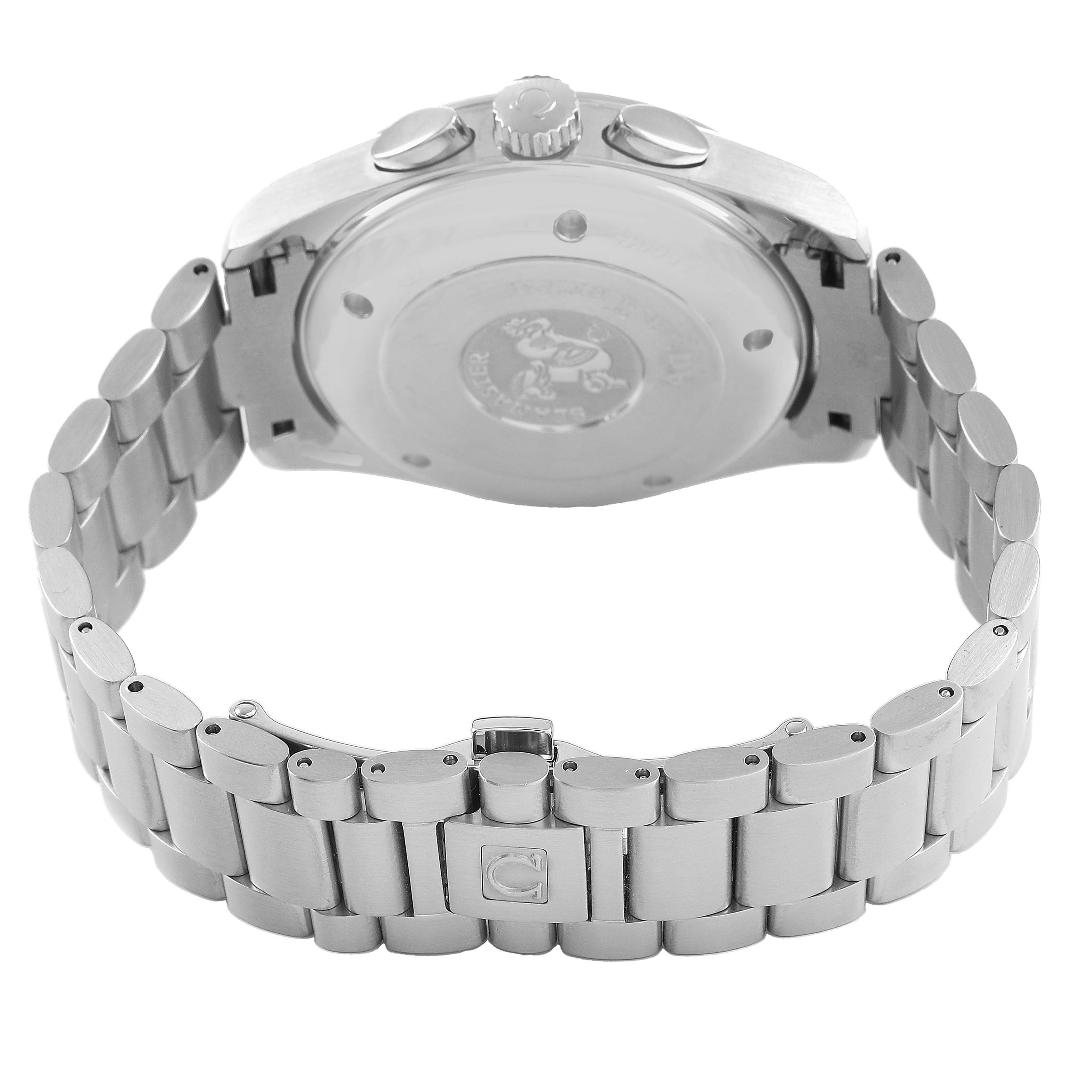 The image shows the back view of an Omega Seamaster 2512.30.00 Men's Stainless Steel Silver Dial, highlighting the case back and metal bracelet with clasp.
