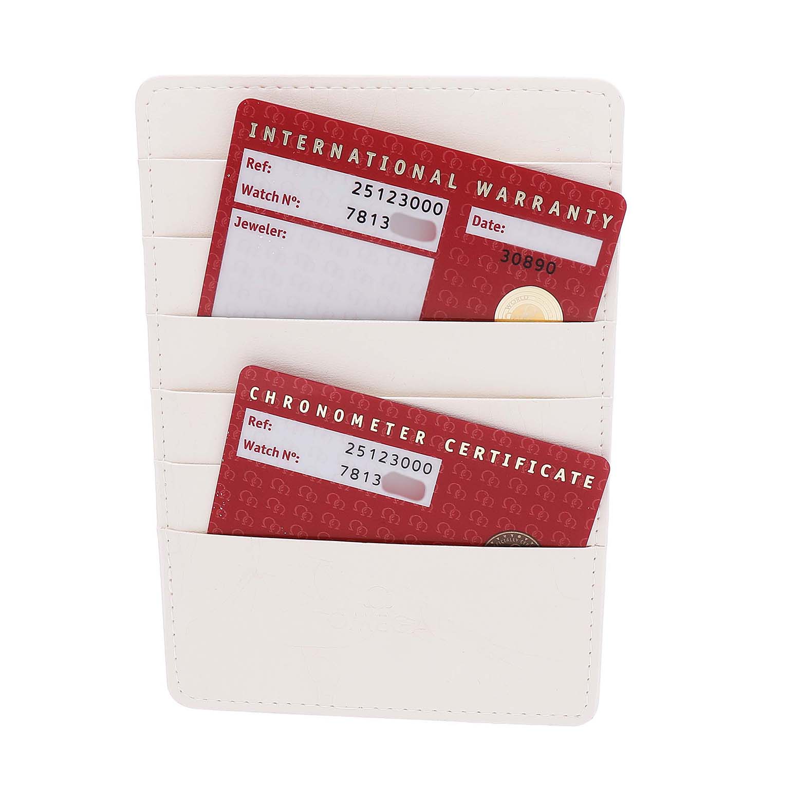 The image shows Omega Seamaster 2512.30.00 Men's Stainless Steel Silver Dial watch accessories, including warranty and chronometer certificate cards in a white holder.