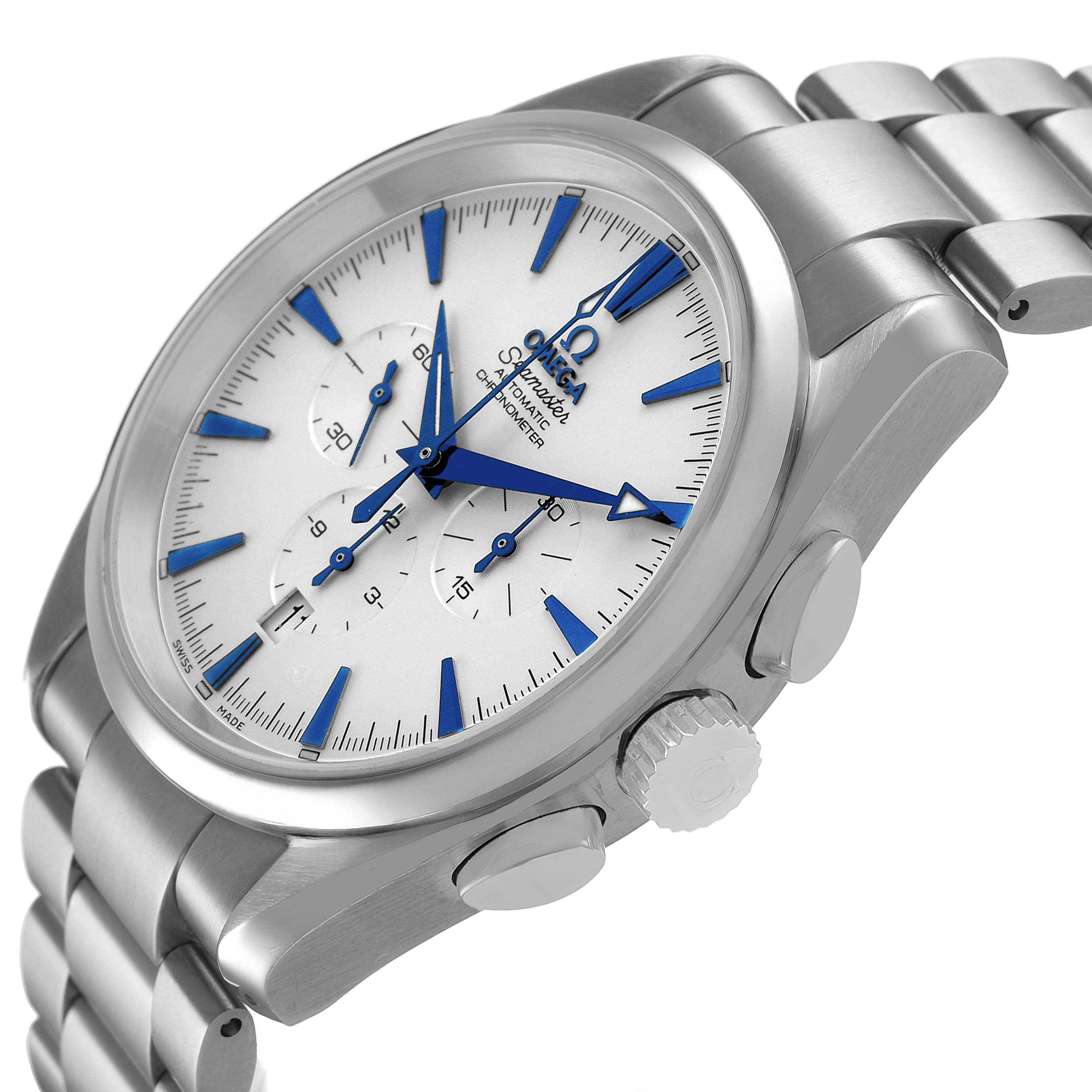 The Omega Seamaster 2512.30.00 Men's Stainless Steel Silver Dial watch is shown at an angled side view, highlighting the crown, pushers, and part of the bracelet.