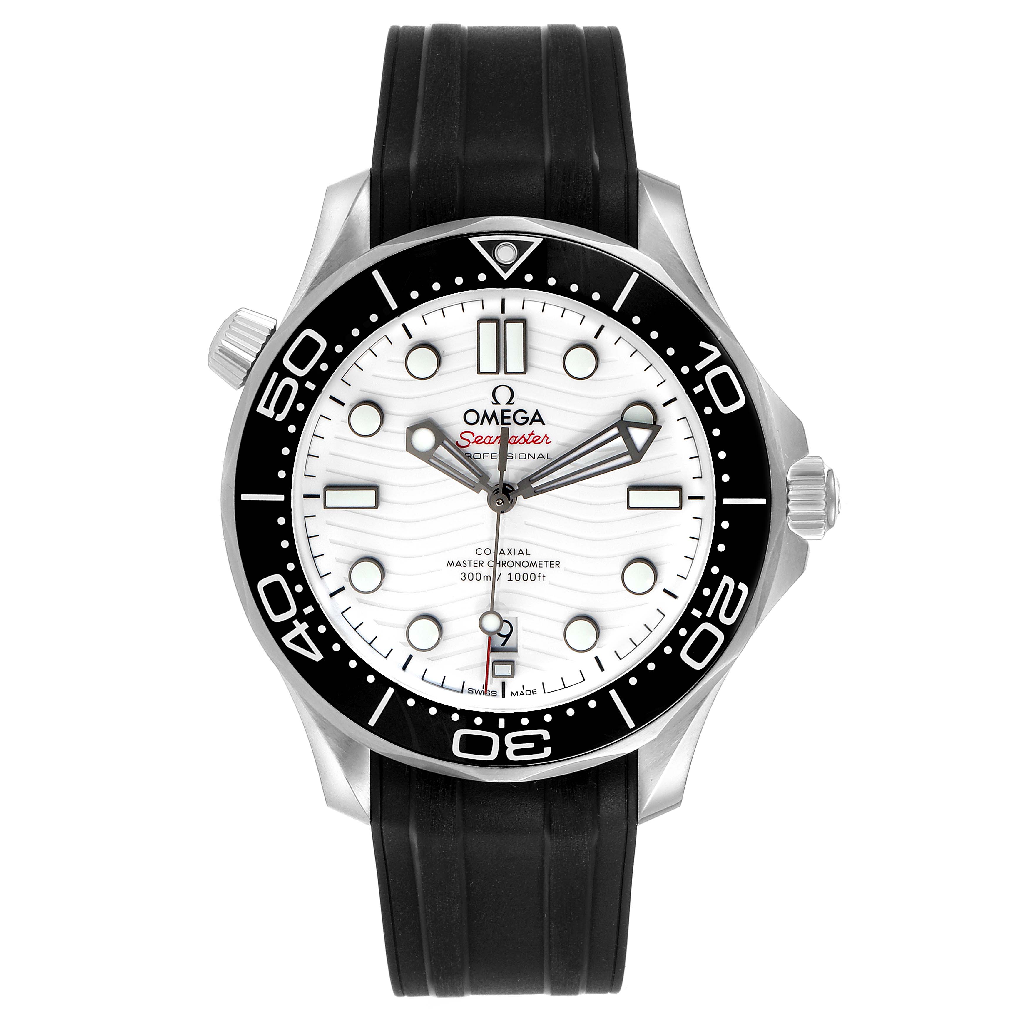 The image shows a front view of an Omega Seamaster 210.32.42.20.04.001 Men
s Stainless Steel White Dial 210.32.42.20.04.001 Men
s Stainless Steel White Dial watch with a black bezel, white dial, and black rubber strap.