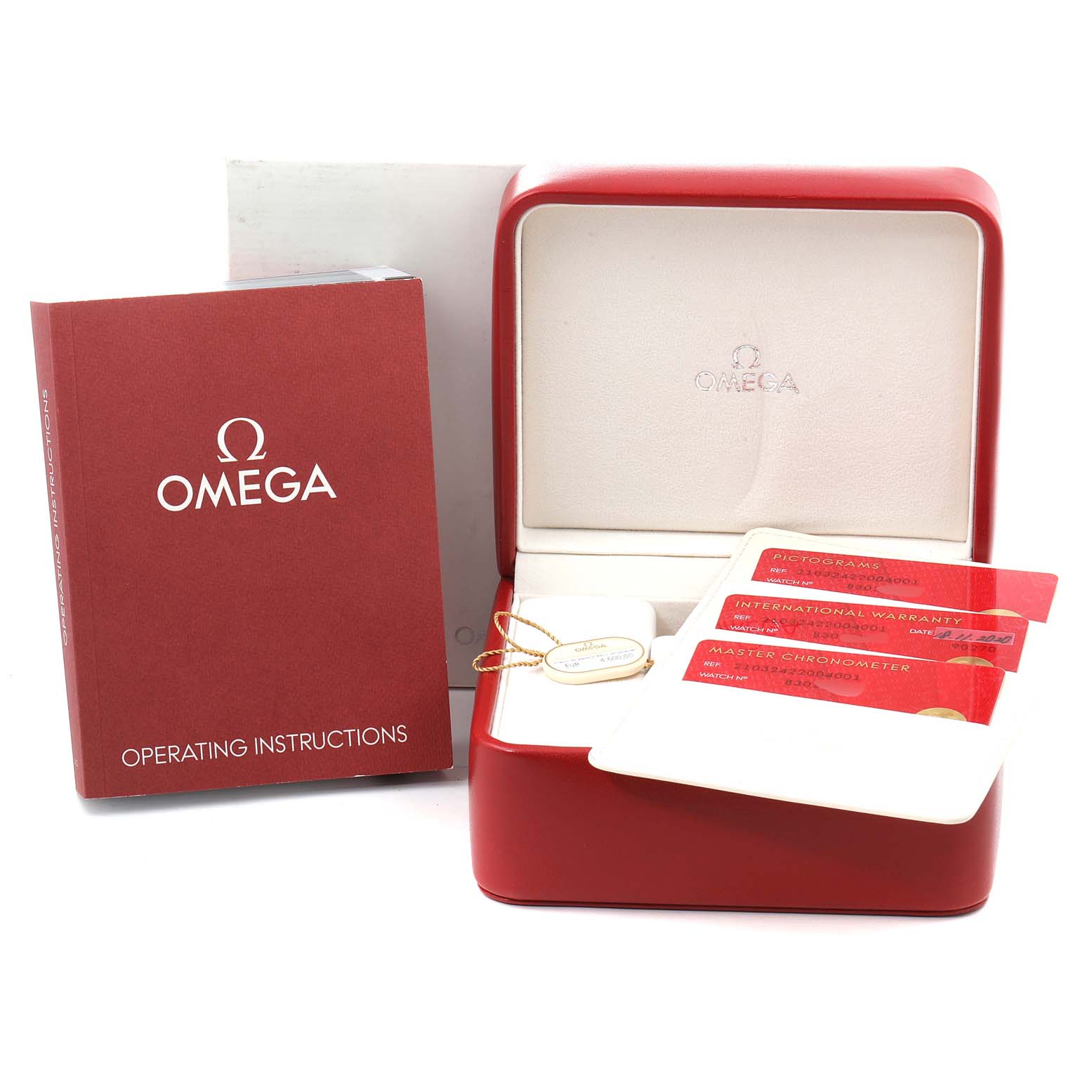 The image shows the accessories for an Omega Seamaster 210.32.42.20.04.001 Men
s Stainless Steel White Dial 210.32.42.20.04.001 Men
s Stainless Steel White Dial watch, including a red box, operating instructions, warranty cards, and a tag.