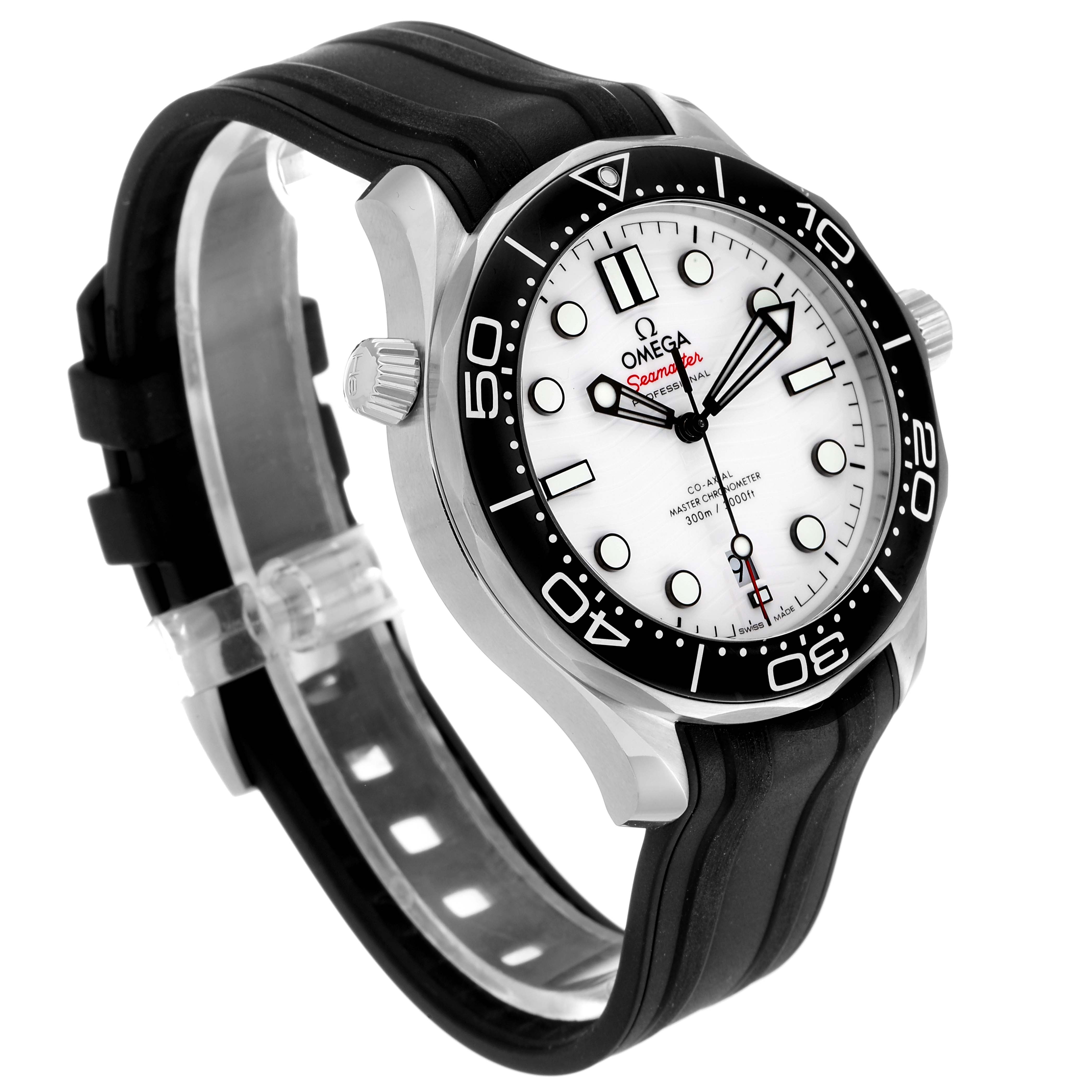 The image shows an Omega Seamaster 210.32.42.20.04.001 Men
s Stainless Steel White Dial 210.32.42.20.04.001 Men
s Stainless Steel White Dial watch from a slightly tilted side angle, highlighting the bezel, dial, and rubber strap.