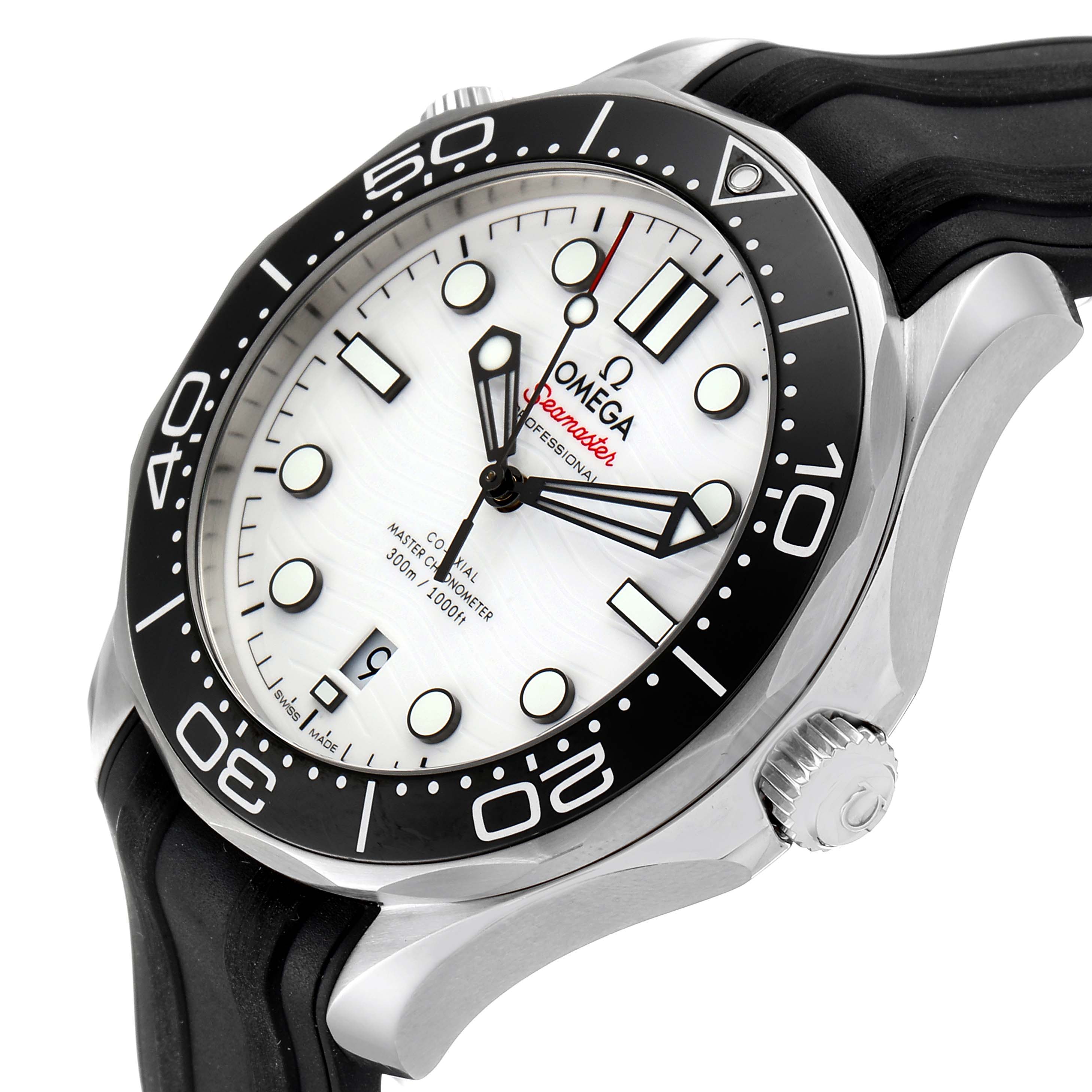 The image shows an Omega Seamaster 210.32.42.20.04.001 Men
s Stainless Steel White Dial 210.32.42.20.04.001 Men
s Stainless Steel White Dial watch from a tilted side angle, highlighting the dial, bezel, and rubber strap.