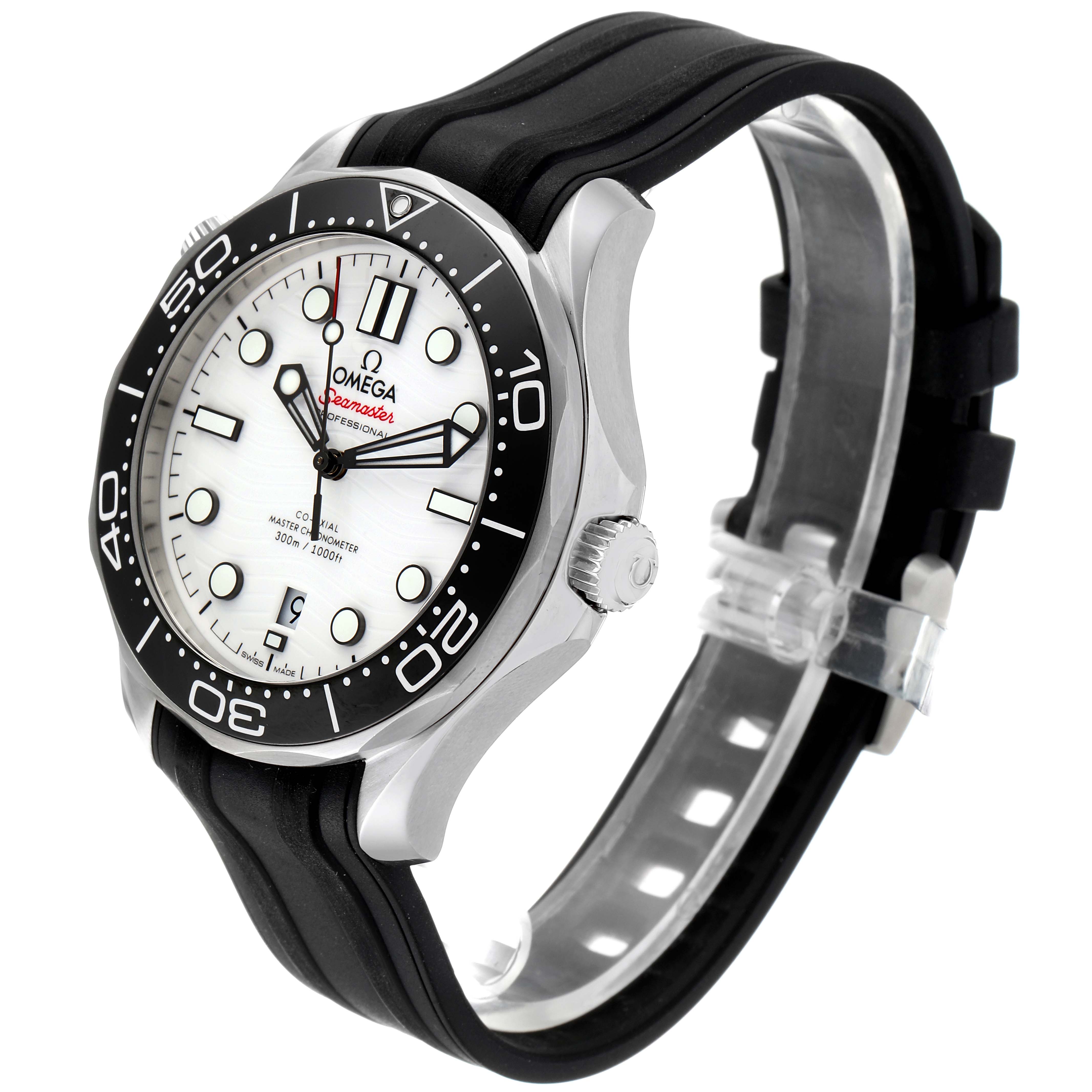 The Omega Seamaster 210.32.42.20.04.001 Men
s Stainless Steel White Dial 210.32.42.20.04.001 Men
s Stainless Steel White Dial watch is shown at a three-quarter angle, highlighting the dial, bezel, crown, and black strap.